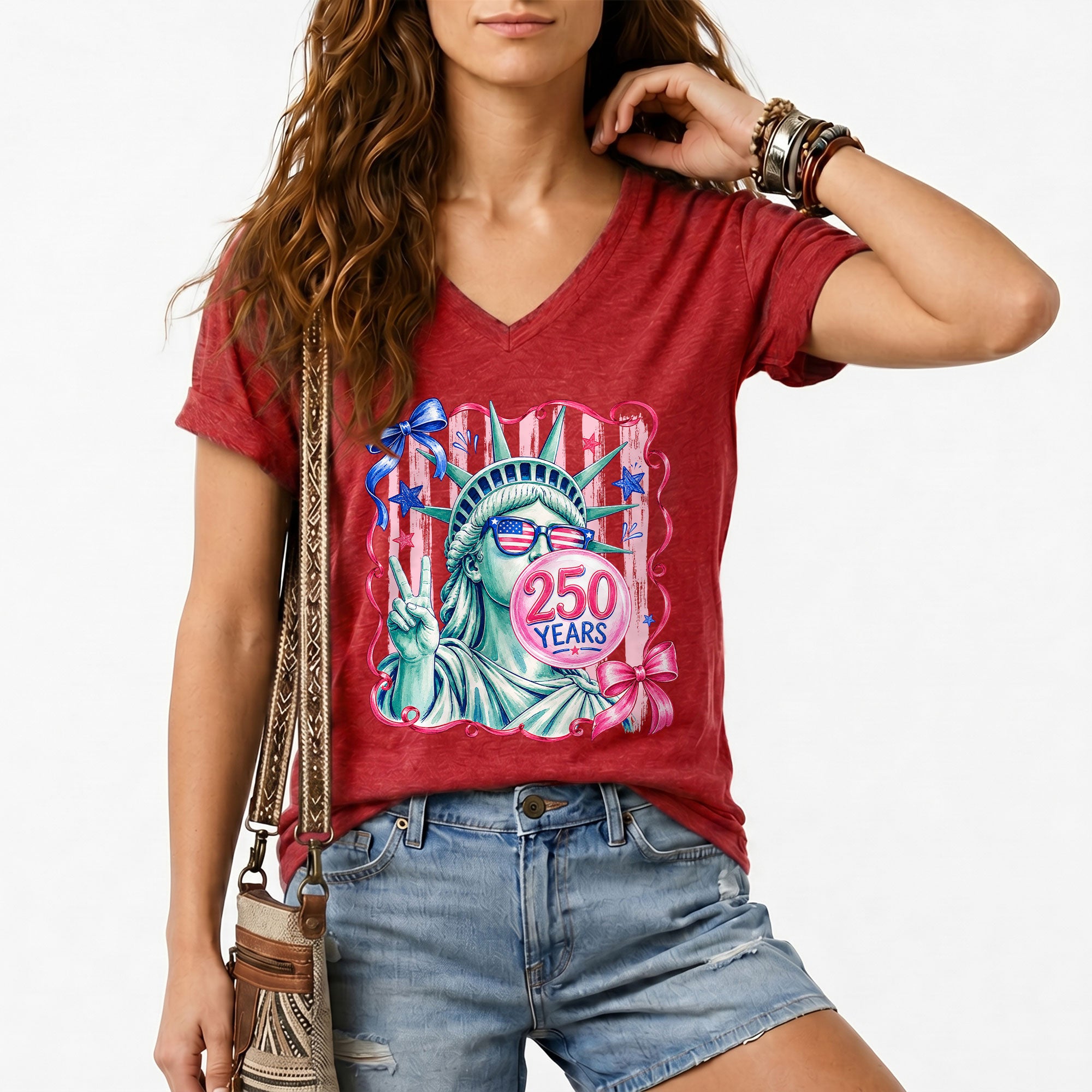 Statue of Liberty V-Neck Shirt Cute Peace Sign Sunglasses Ribbon Patriotic Graphic Tee