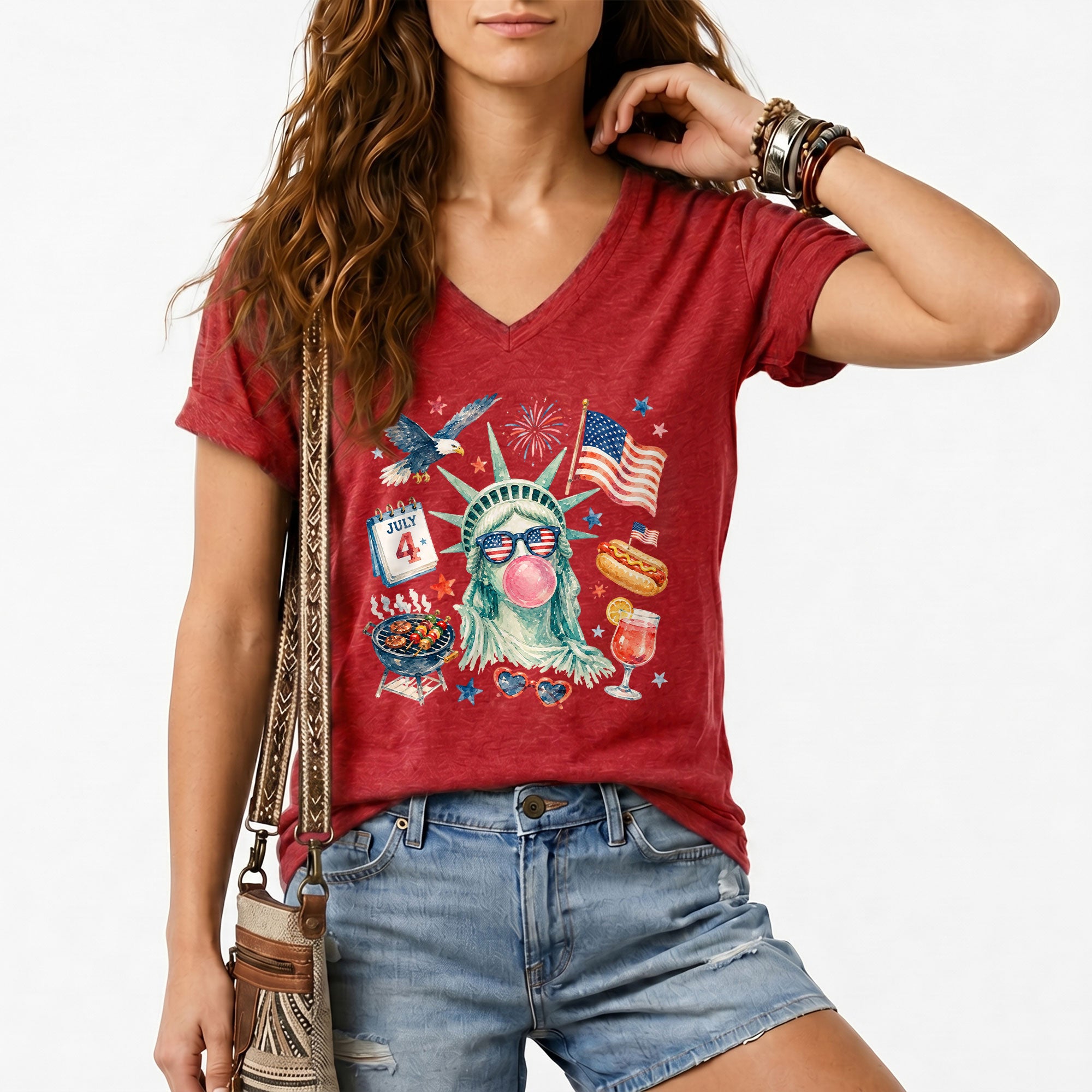 4th of July BBQ V-Neck Shirt Statue of Liberty Bubble Gum Hot Dog Patriotic Graphic Tee