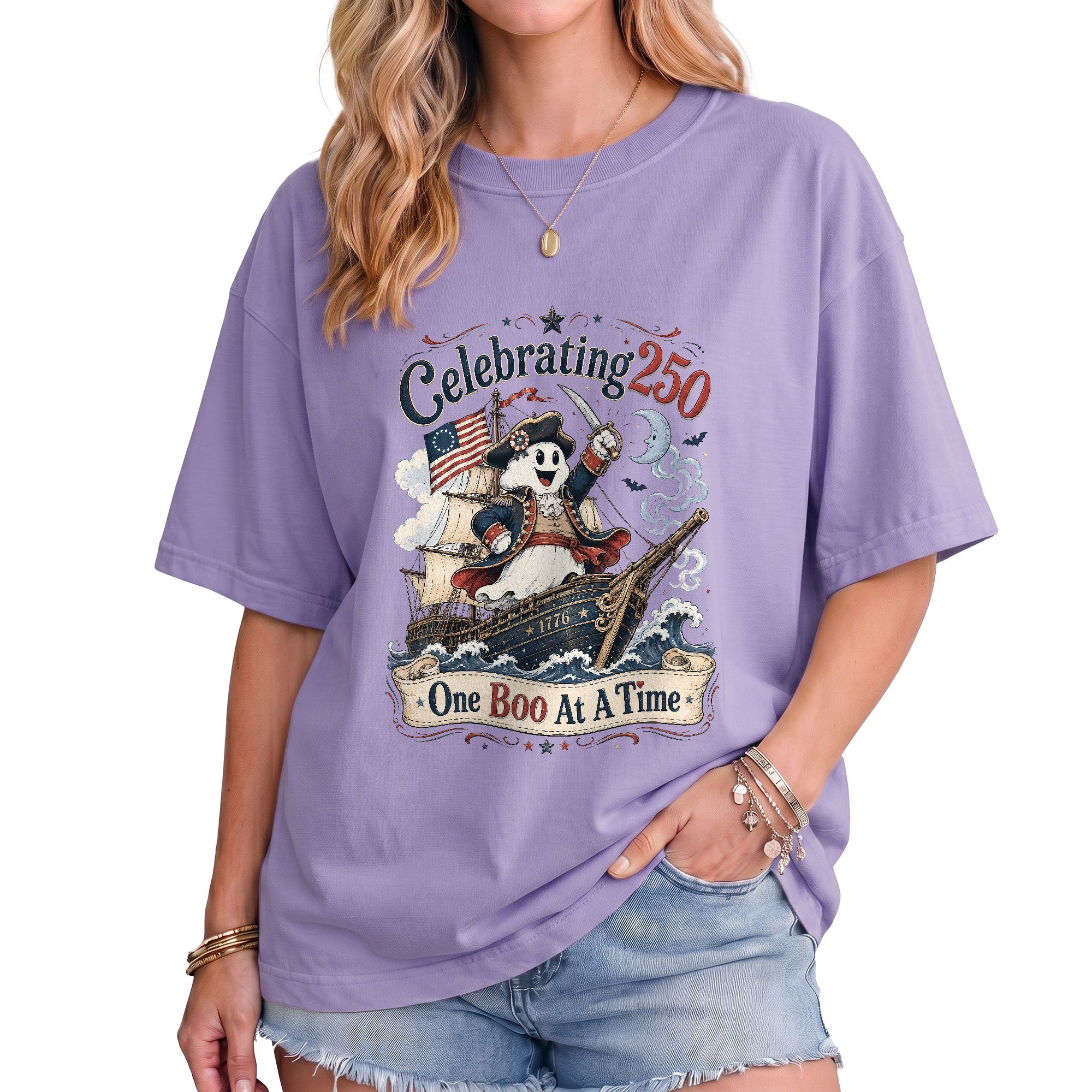 One Boo At A Time Shirt Celebrating 250 Ghost Captain Ship Patriotic Halloween Tee