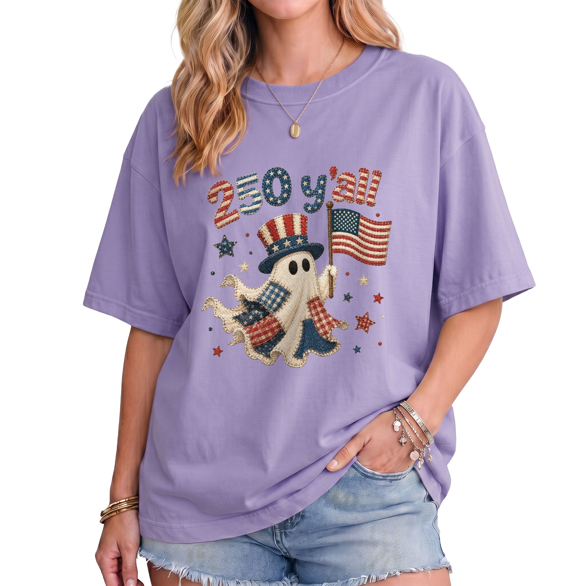 250 Y'all Shirt Patriotic Halloween Ghost Uncle Sam Hat American Flag Graphic Tee