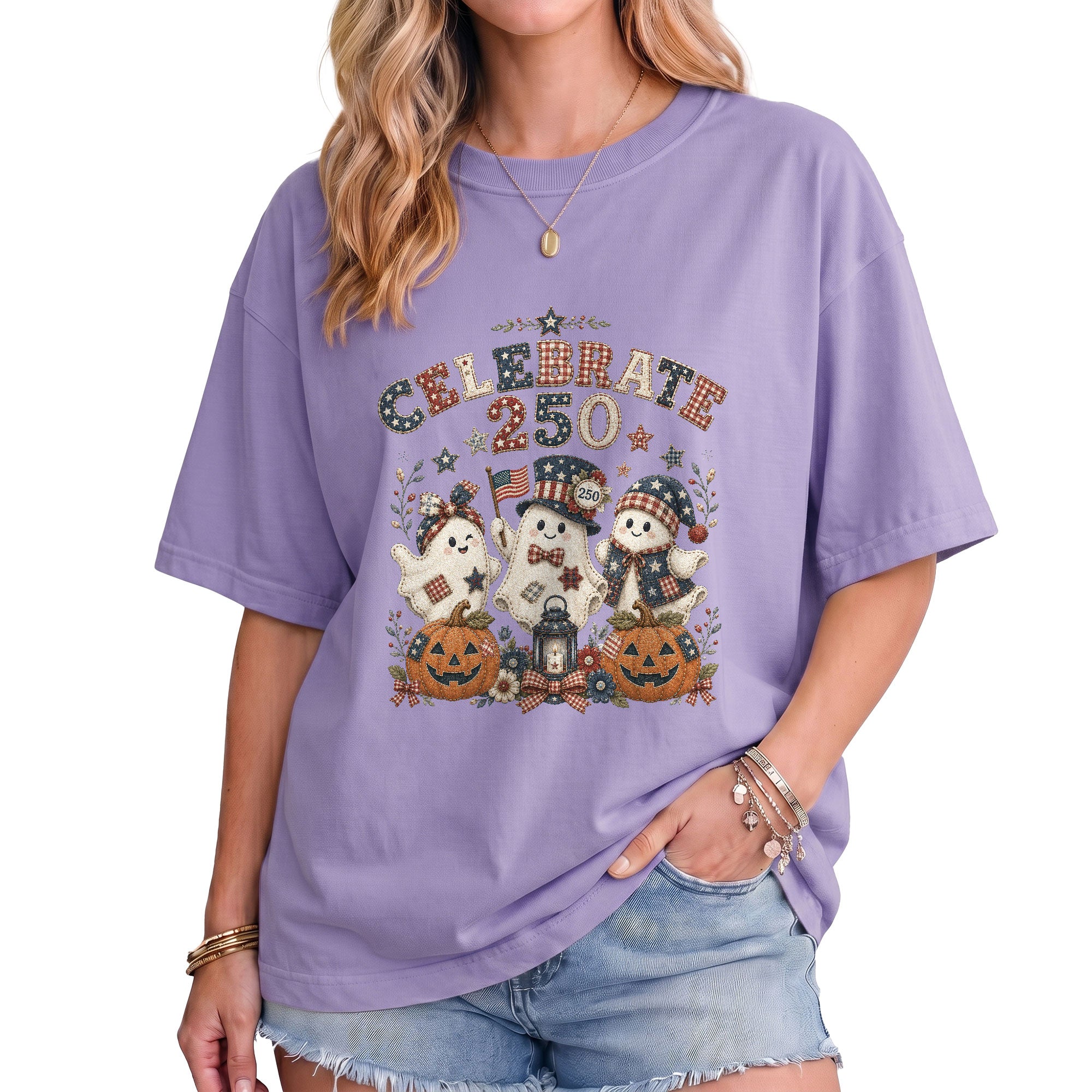 Celebrate 250 Shirt Patriotic Halloween Ghosts Pumpkin Jack O Lantern Graphic Tee