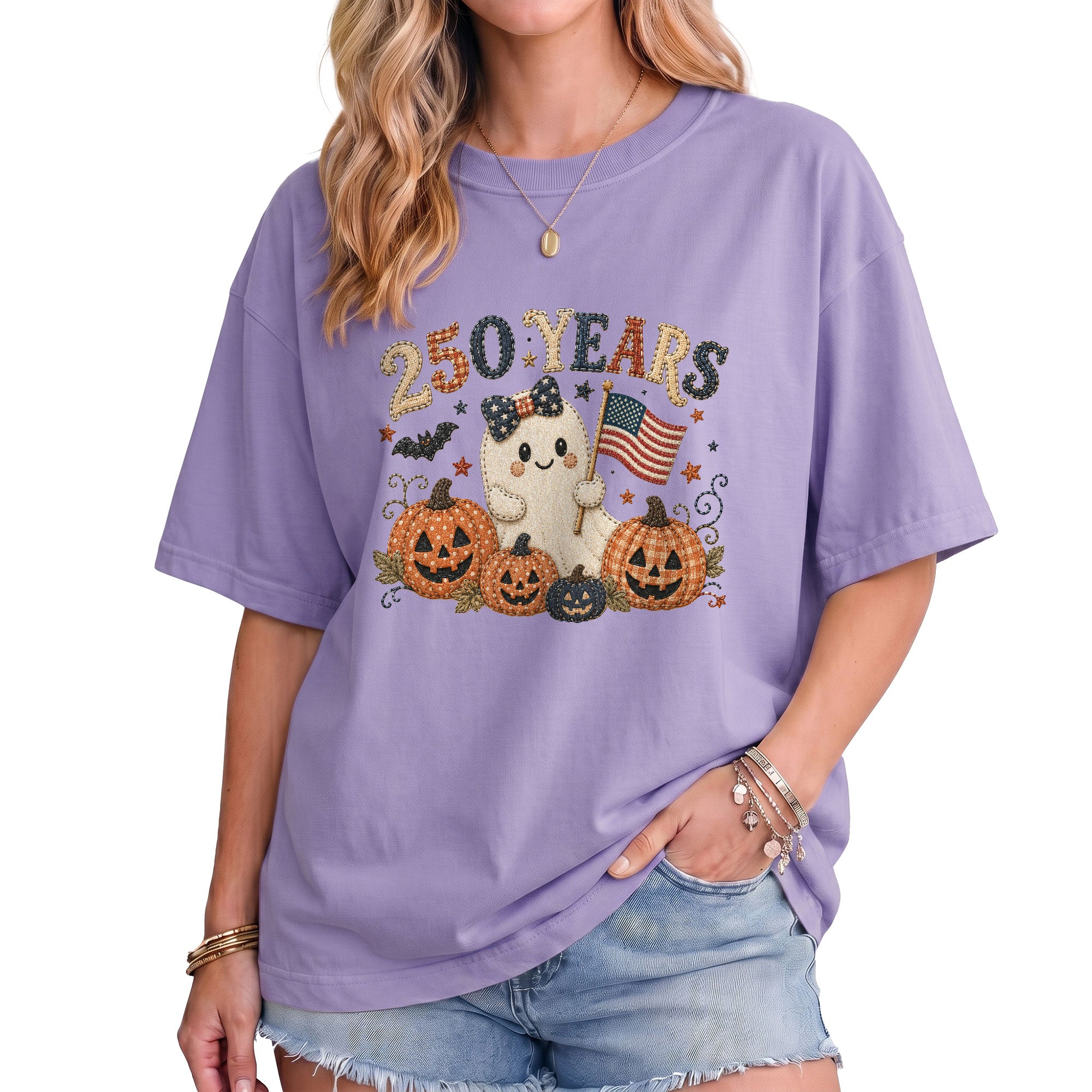 Patriotic Halloween Shirt Patchwork Ghost American Flag Pumpkin Graphic Tee