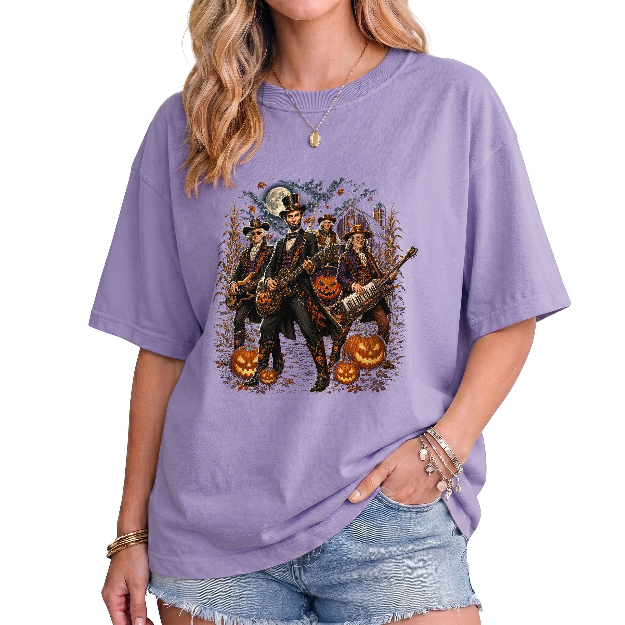 Lincoln Playing Guitar Halloween Shirt Midnight Cemetery Rock Band Vintage Tee