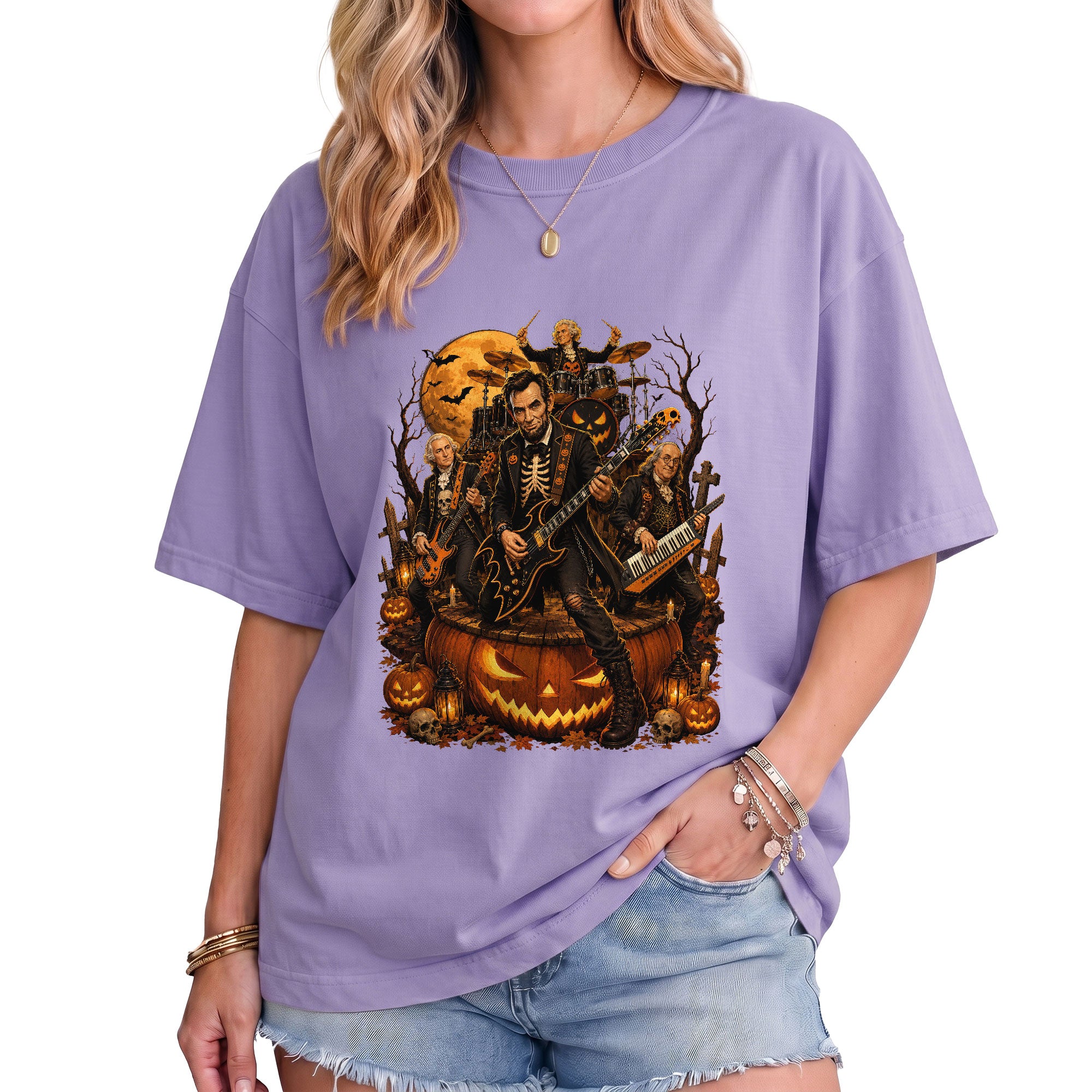 Lincoln Playing Guitar Halloween Shirt Giant Jack O Lantern Stage Skeleton Rock Band Tee