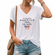 America 250 Years Women V Neck T Shirt White Casual Patriotic Holiday Coquette Bow Top