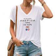 Patriotic Cherries America Turns 250 Years Women V Neck T Shirt White Graphic Tee