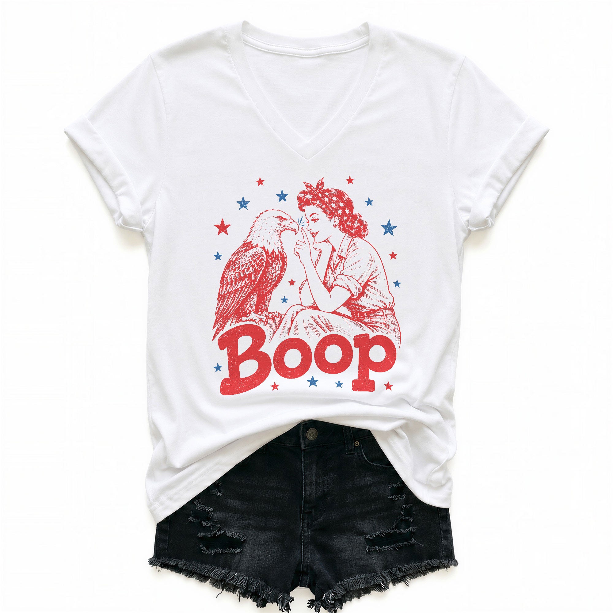 Boop Eagle V-Neck T-Shirt Women Patriotic Vintage Graphic Tee Retro American