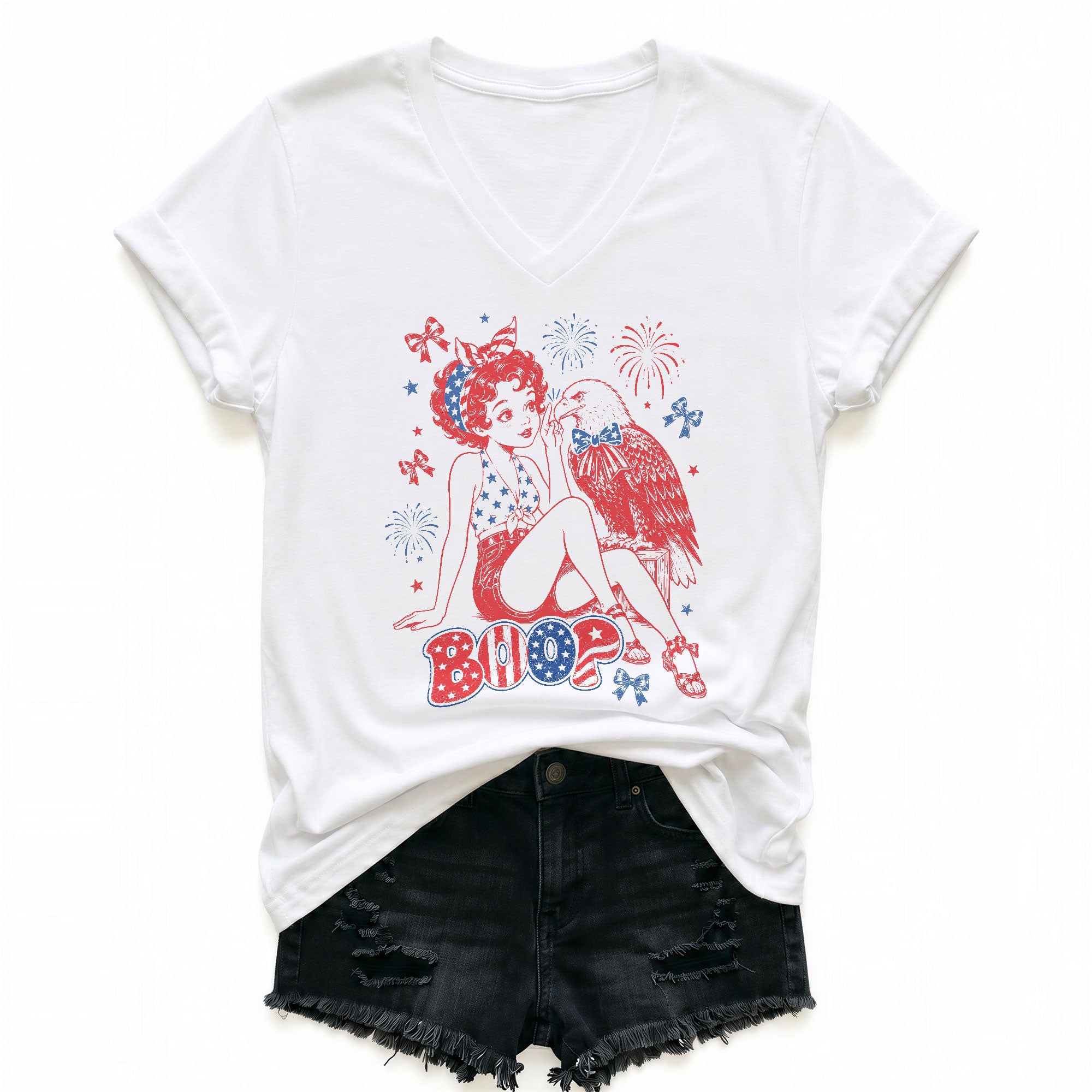 Boop Eagle V-Neck Shirt Women Patriotic Retro Pin Up Graphic American Style Tee
