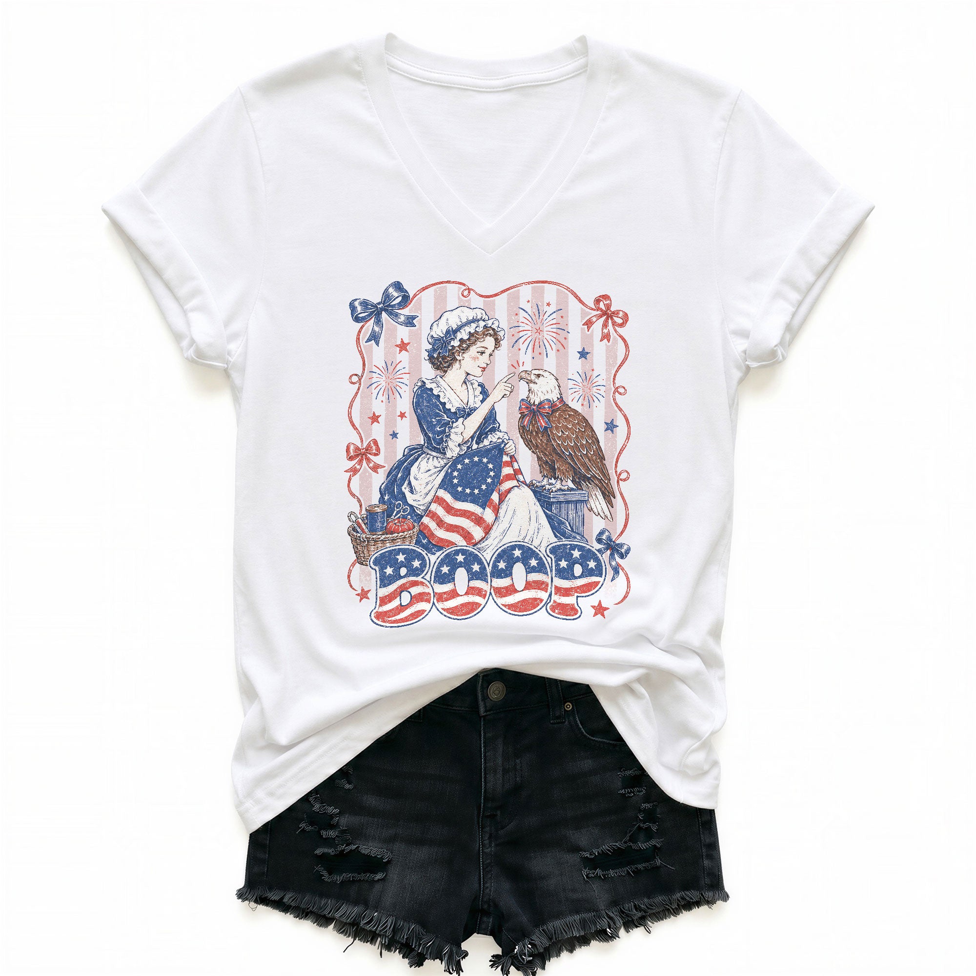 Boop Eagle V-Neck T-Shirt Women Patriotic Vintage Americana Lady Liberty Graphic Tee