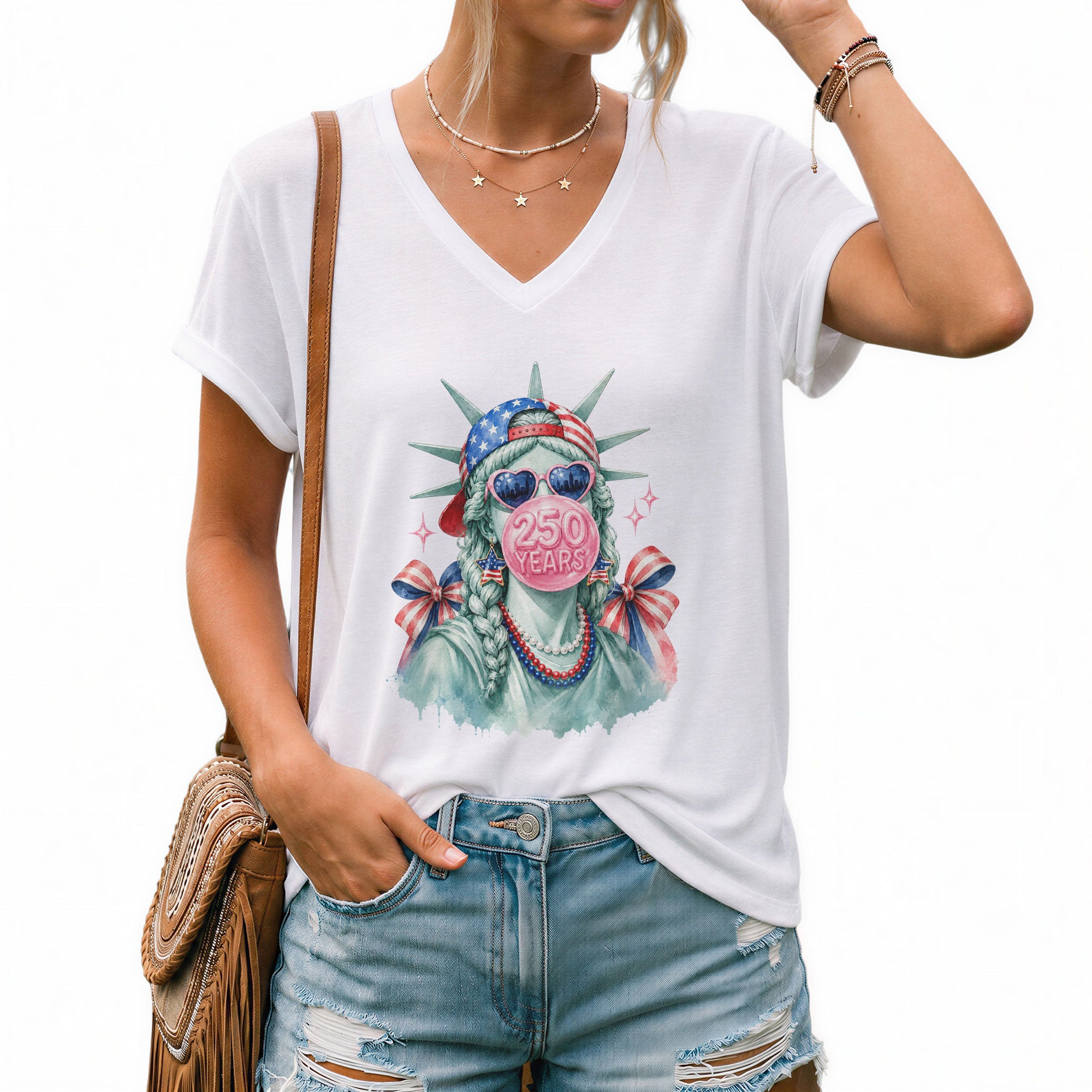 Statue of Liberty V-Neck Shirt Cute Bubble Gum Heart Sunglasses Patriotic Graphic Tee
