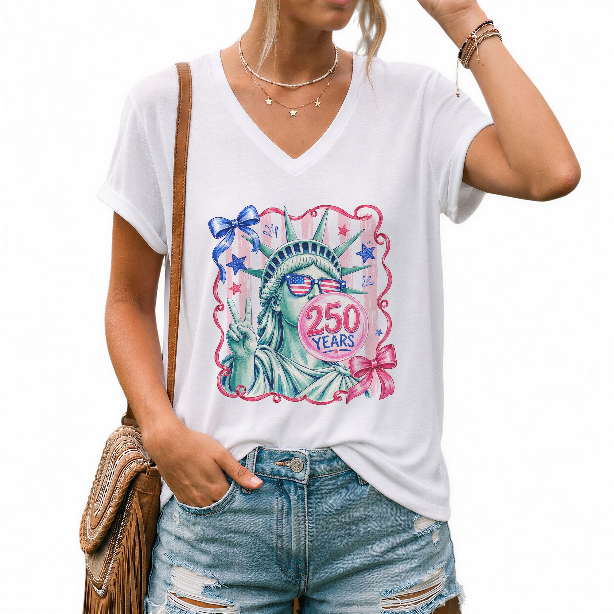 Statue of Liberty V-Neck Shirt Cute Peace Sign Sunglasses Ribbon Patriotic Graphic Tee