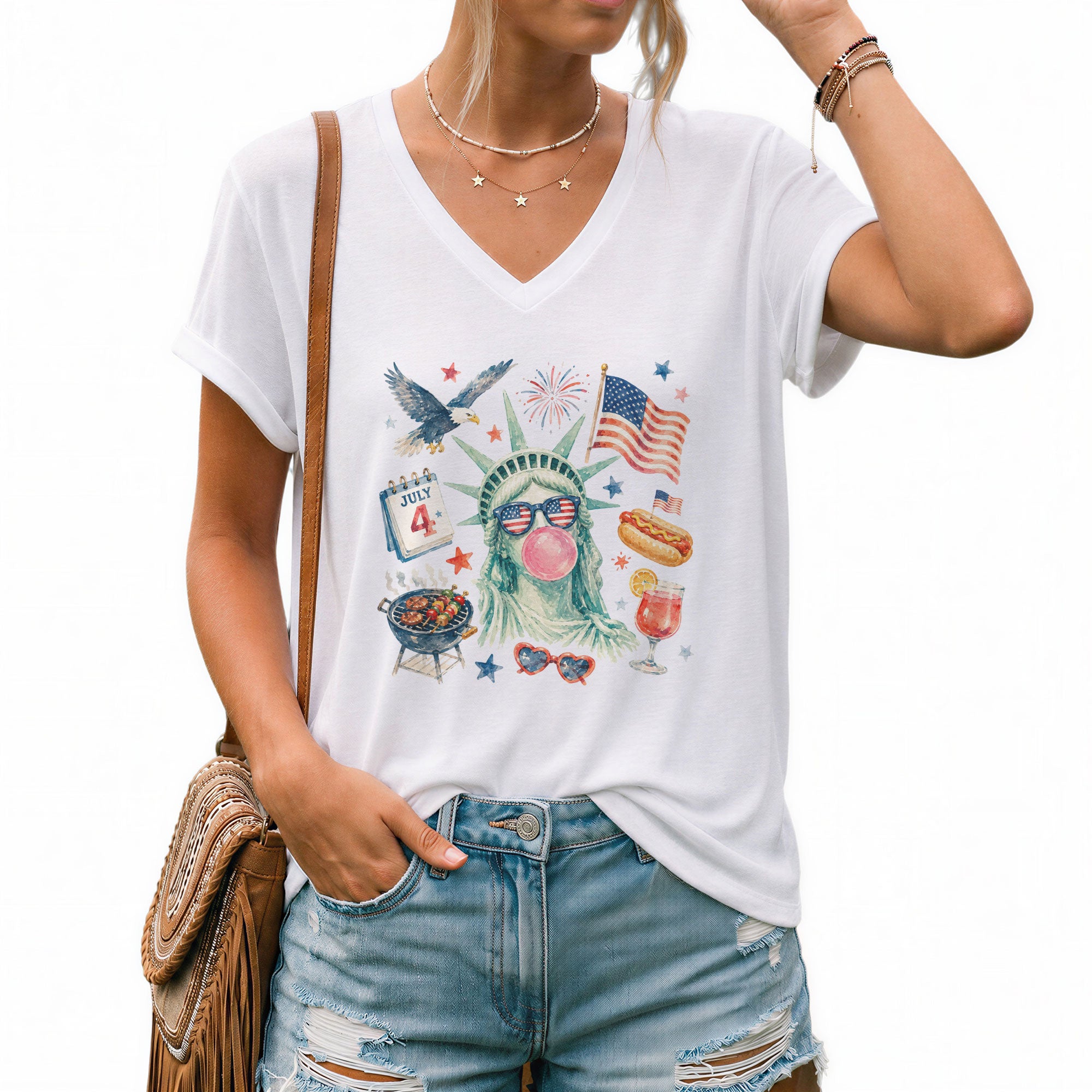 4th of July BBQ V-Neck Shirt Statue of Liberty Bubble Gum Hot Dog Patriotic Graphic Tee
