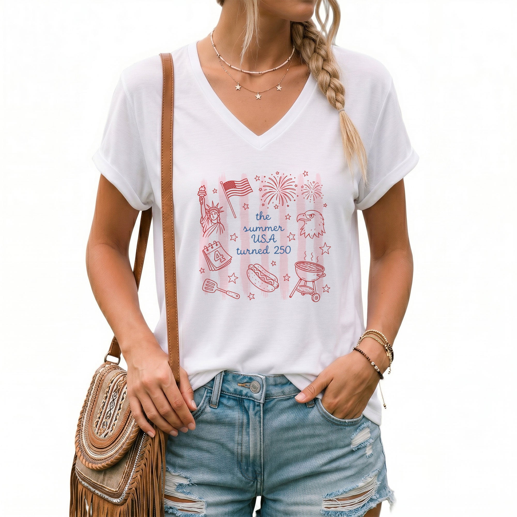 The Summer USA Turned 250 V-Neck Shirt Patriotic Women's Holiday Graphic Tee 2026