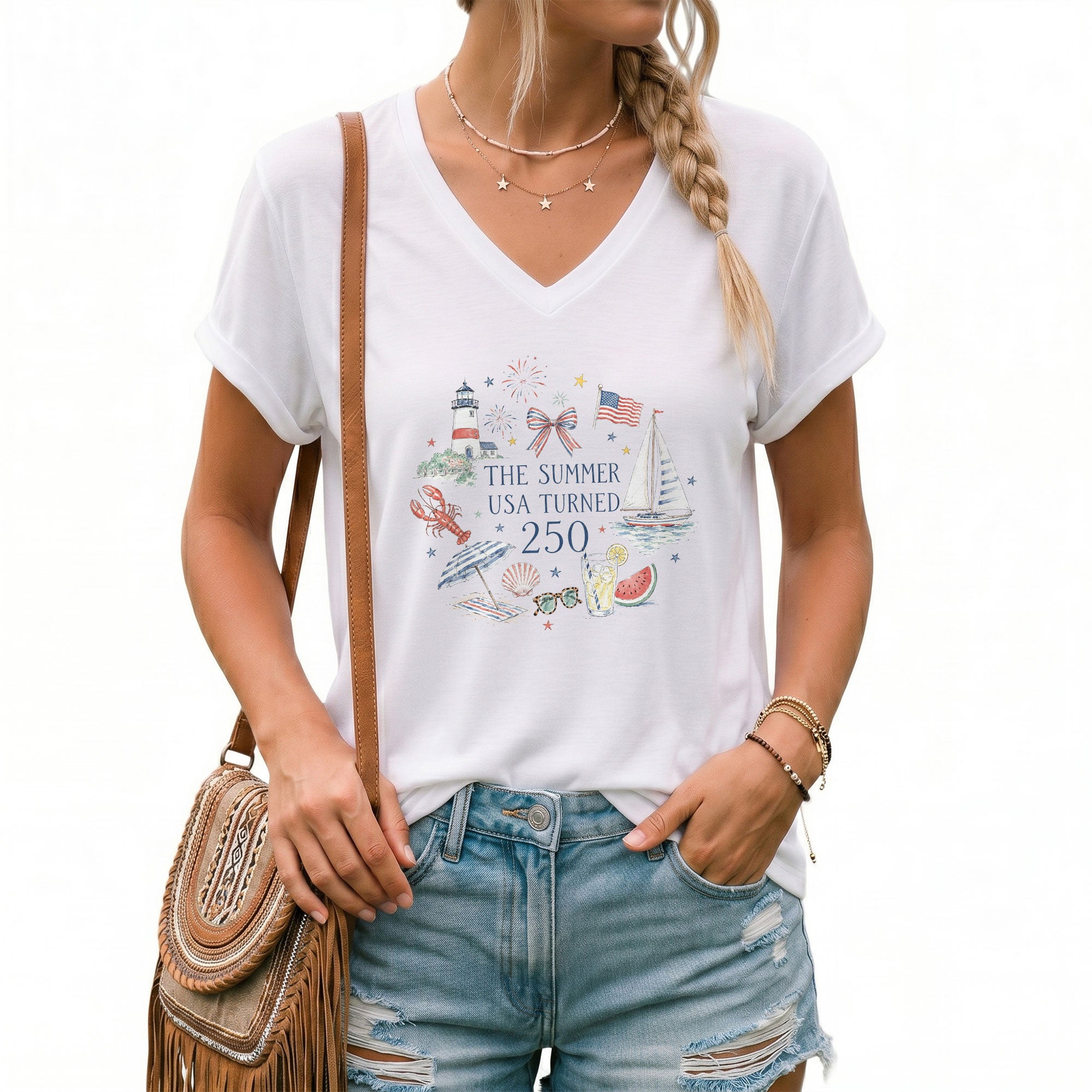 Women's V-Neck Patriotic The Summer USA Turned 250 Shirt Festive Graphic Tee Gift