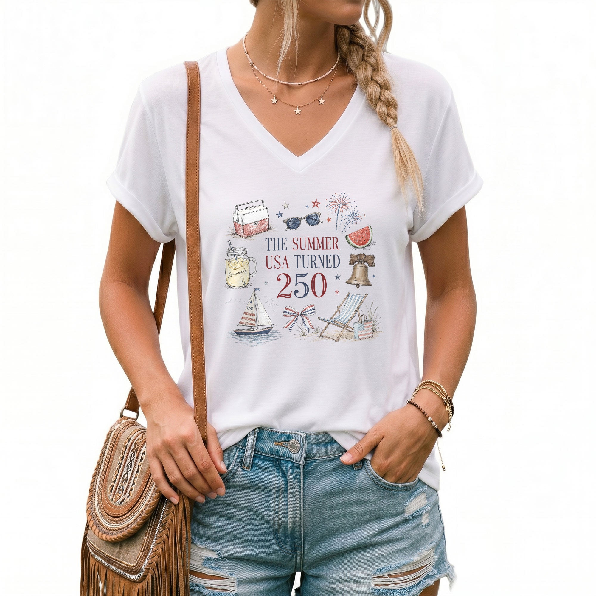 Casual V-Neck The Summer USA Turned 250 Tee Patriotic Summer Celebration Gift