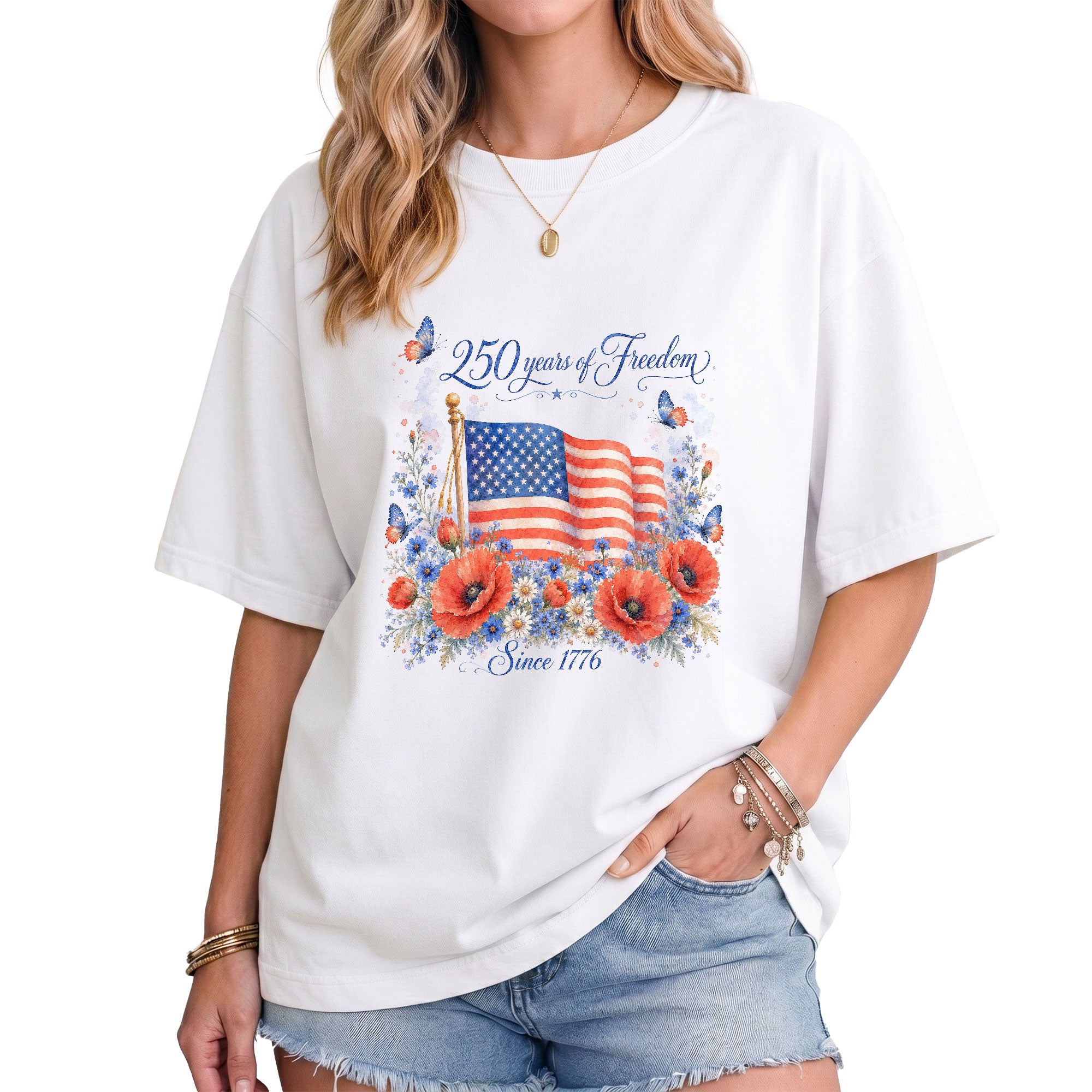 250 Years of Freedom T-Shirt 1776 US Flag Floral Patriotic Women Oversized Graphic Tee