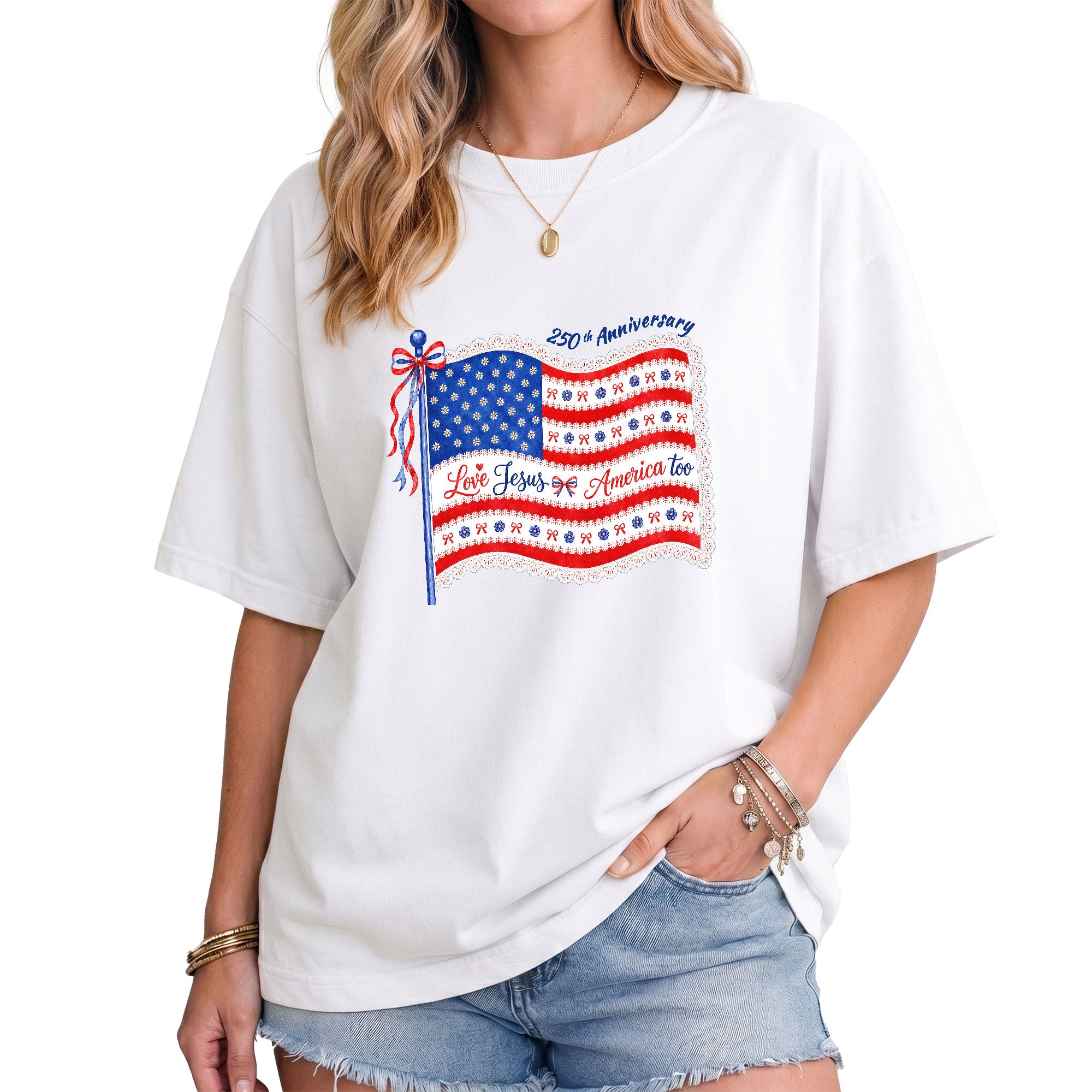 Love Jesus and America Too T-Shirt 250th Anniversary US Flag Floral Women Graphic Tee