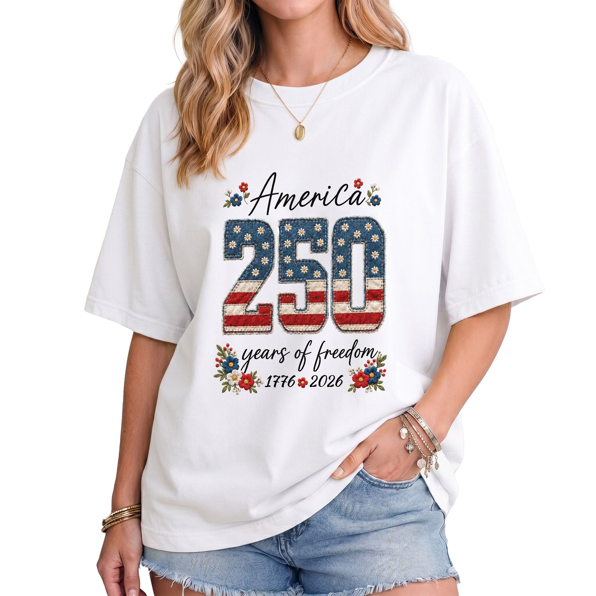 America 250 Years of Freedom T-Shirt 1776 2026 US Flag Floral Patriotic Women Tee