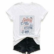 Women Spilling The Tea Since 1773 V-Neck Shirt Patriotic Vintage Freedom Graphic Tee
