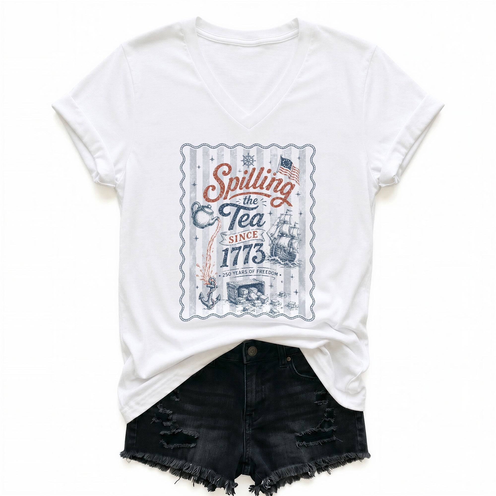 Women Spilling The Tea Since 1773 V-Neck Shirt Patriotic Vintage Freedom Graphic Tee