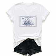 Women Spilling The Tea Since 1773 V-Neck Shirt Vintage Patriotic Ship Graphic Tee