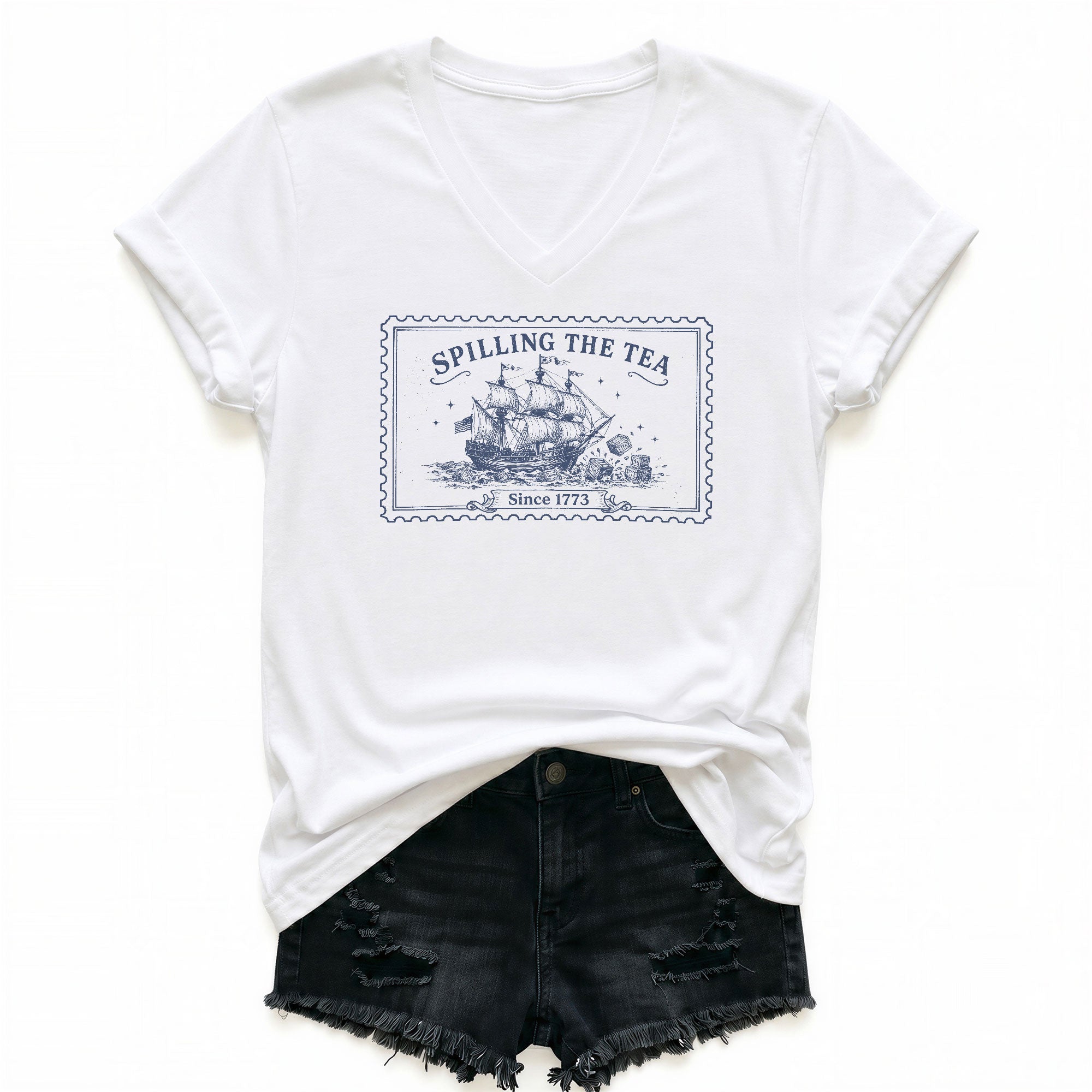 Women Spilling The Tea Since 1773 V-Neck Shirt Vintage Patriotic Ship Graphic Tee