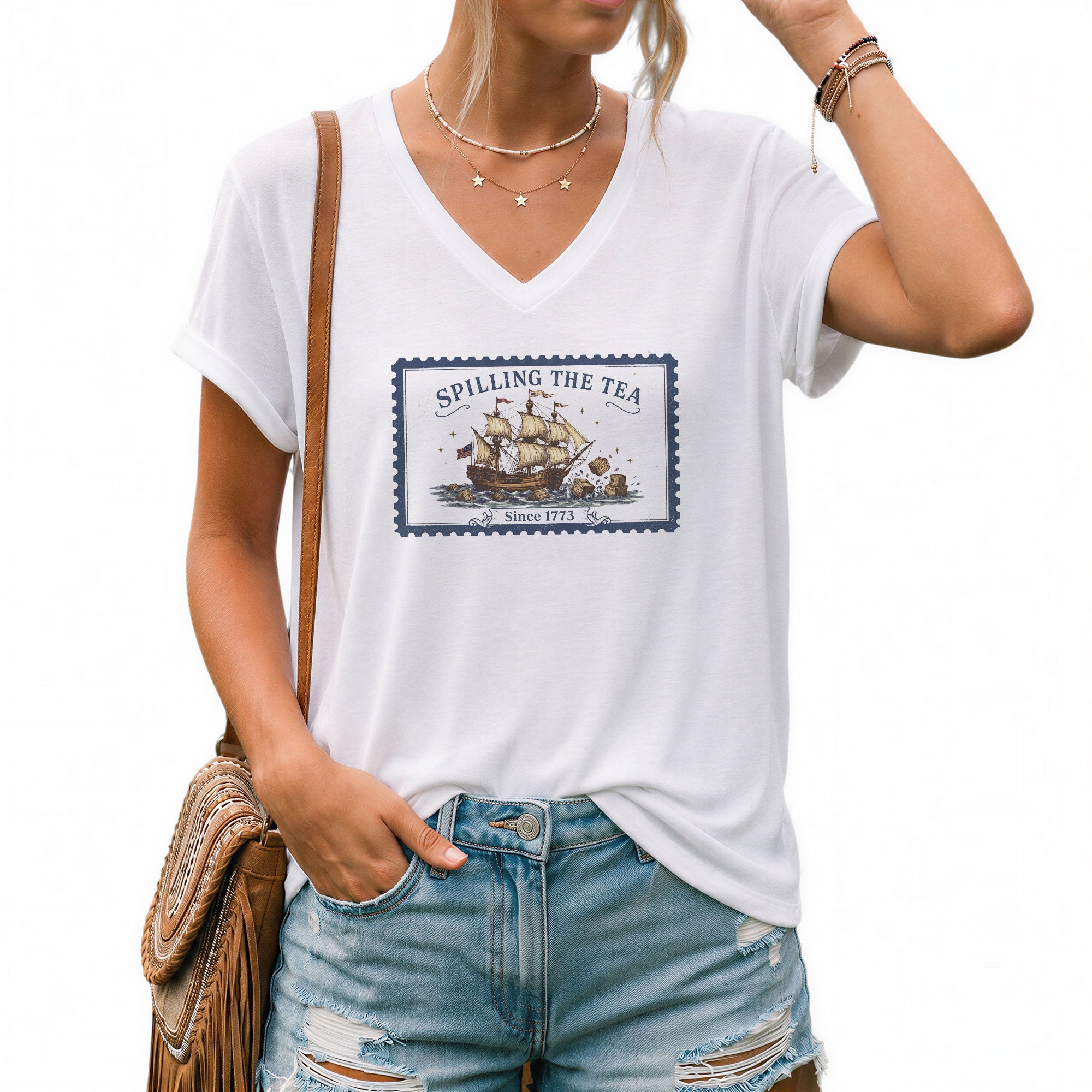 Women Spilling The Tea Since 1773 V-Neck Tee Vintage Patriotic Sailing Ship Shirt