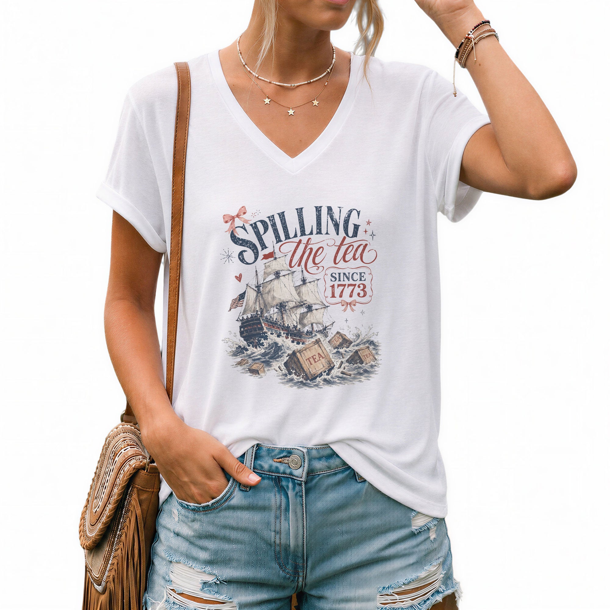 Women Spilling The Tea Since 1773 V-Neck Tee Patriotic Tea Party Graphic Shirt