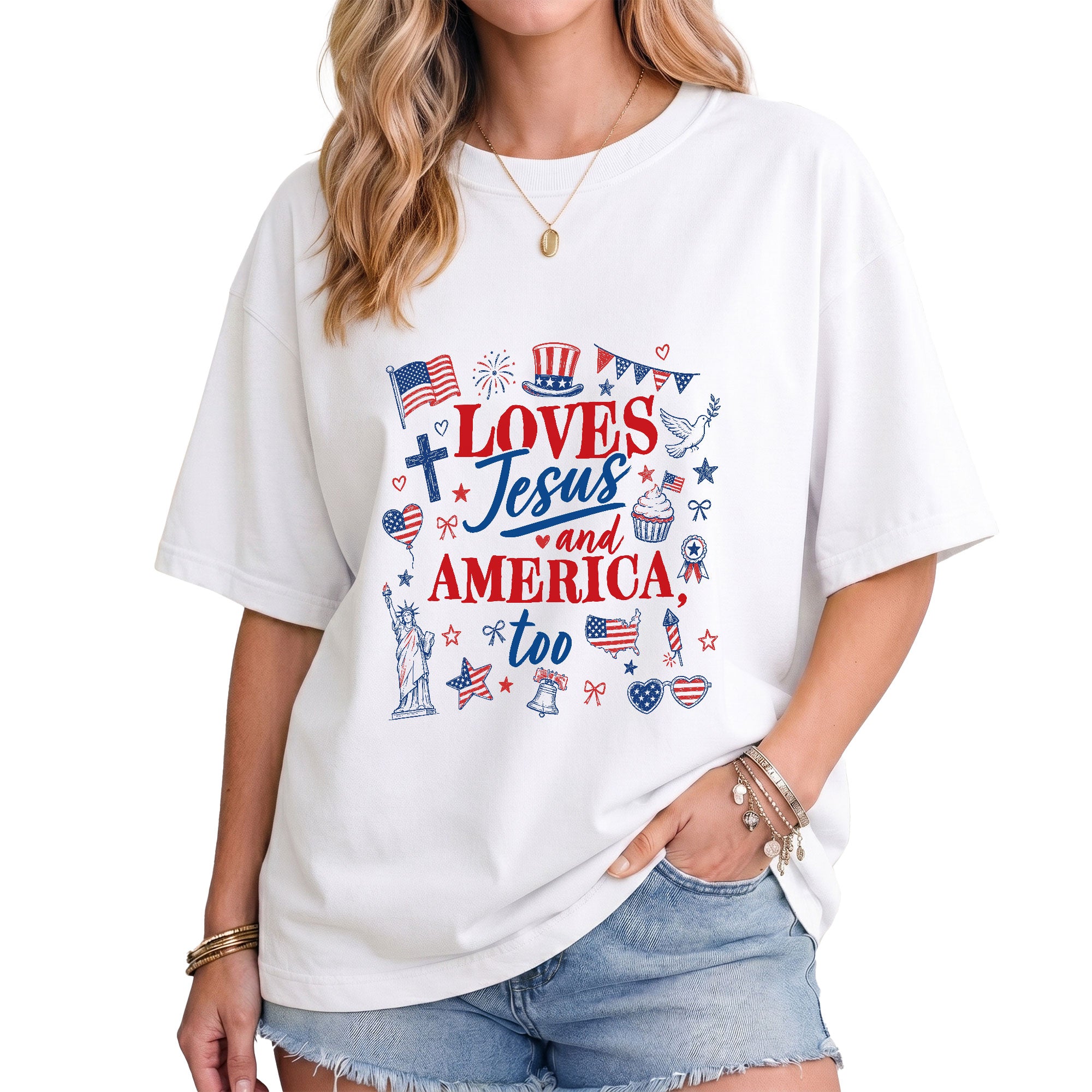 Loves Jesus and America Too Shirt Patriotic Christian Tee Religious United States Apparel
