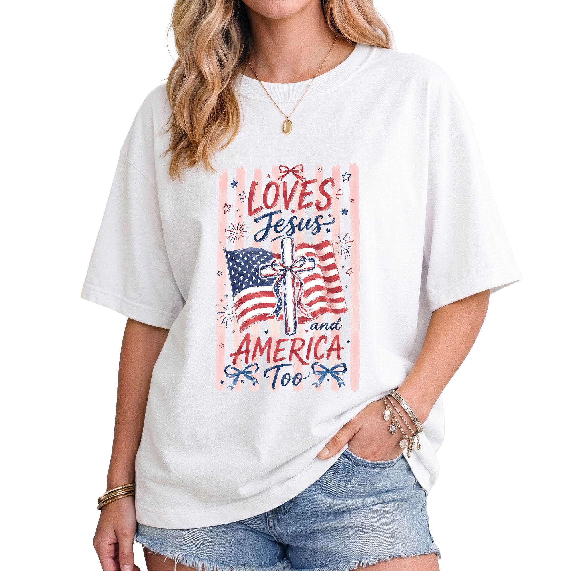Loves Jesus and America Too Shirt USA Pride Graphic Tee Faithful Patriot Unisex Top Gift