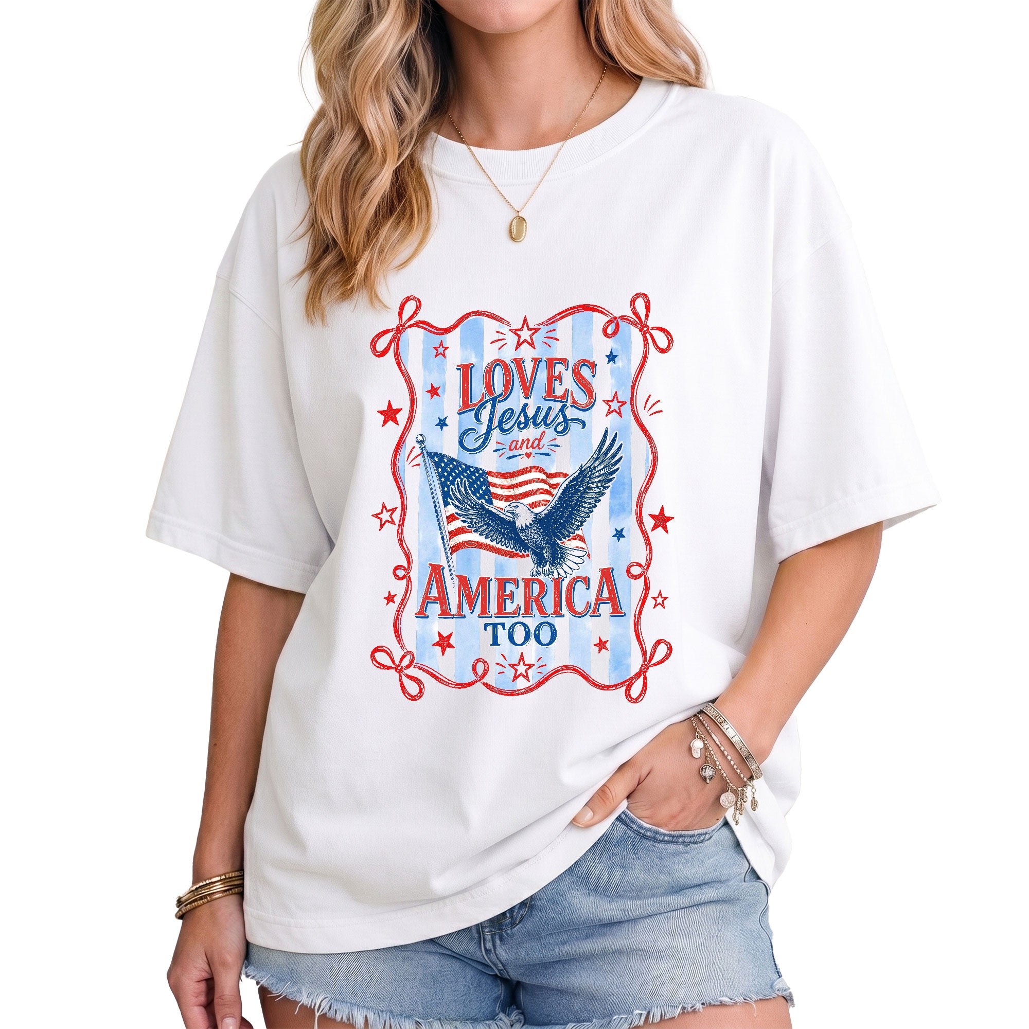 Loves Jesus and America Too Shirt Patriotic Eagle Graphic Tee Christian Faith US Pride Top