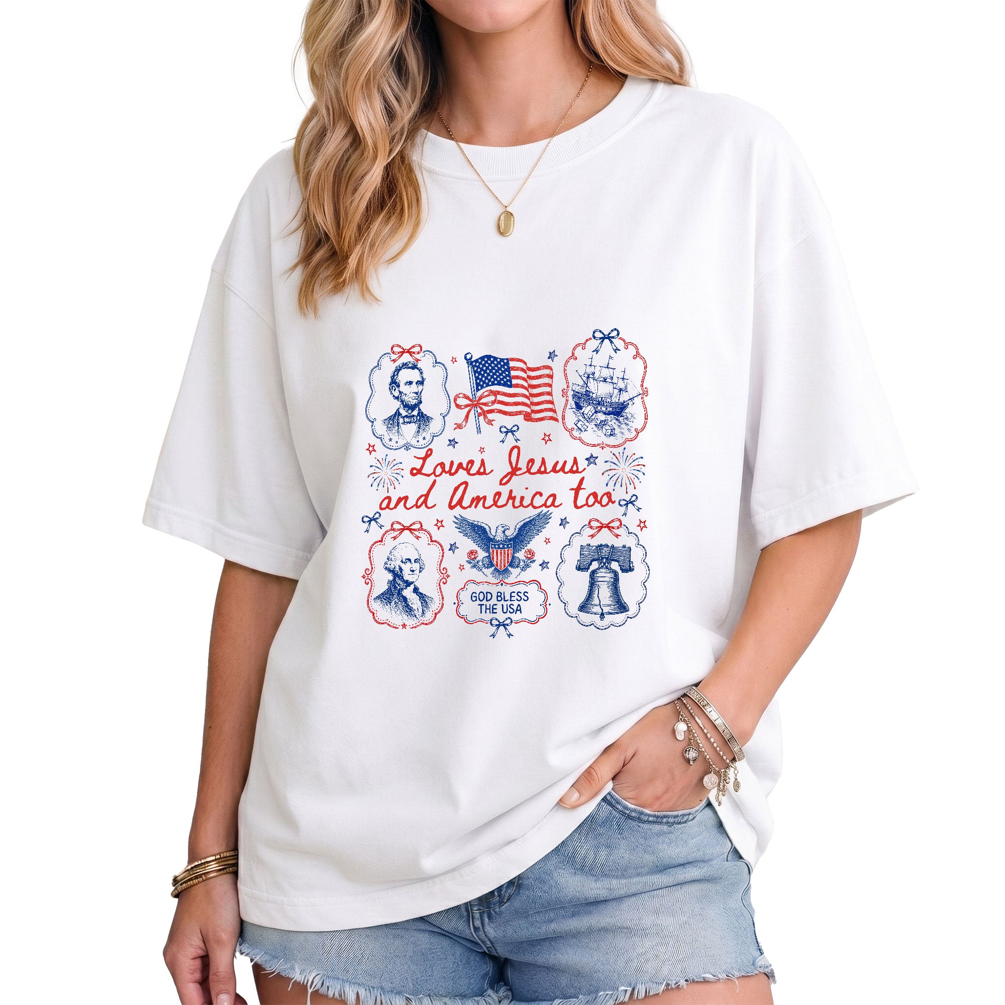 Loves Jesus and America Too Shirt Historical Patriotic Tee Washington Lincoln Faith Top