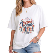 Loves Jesus and America Too Shirt Christian Cross Graphic Tee Patriotic Faith Western Top