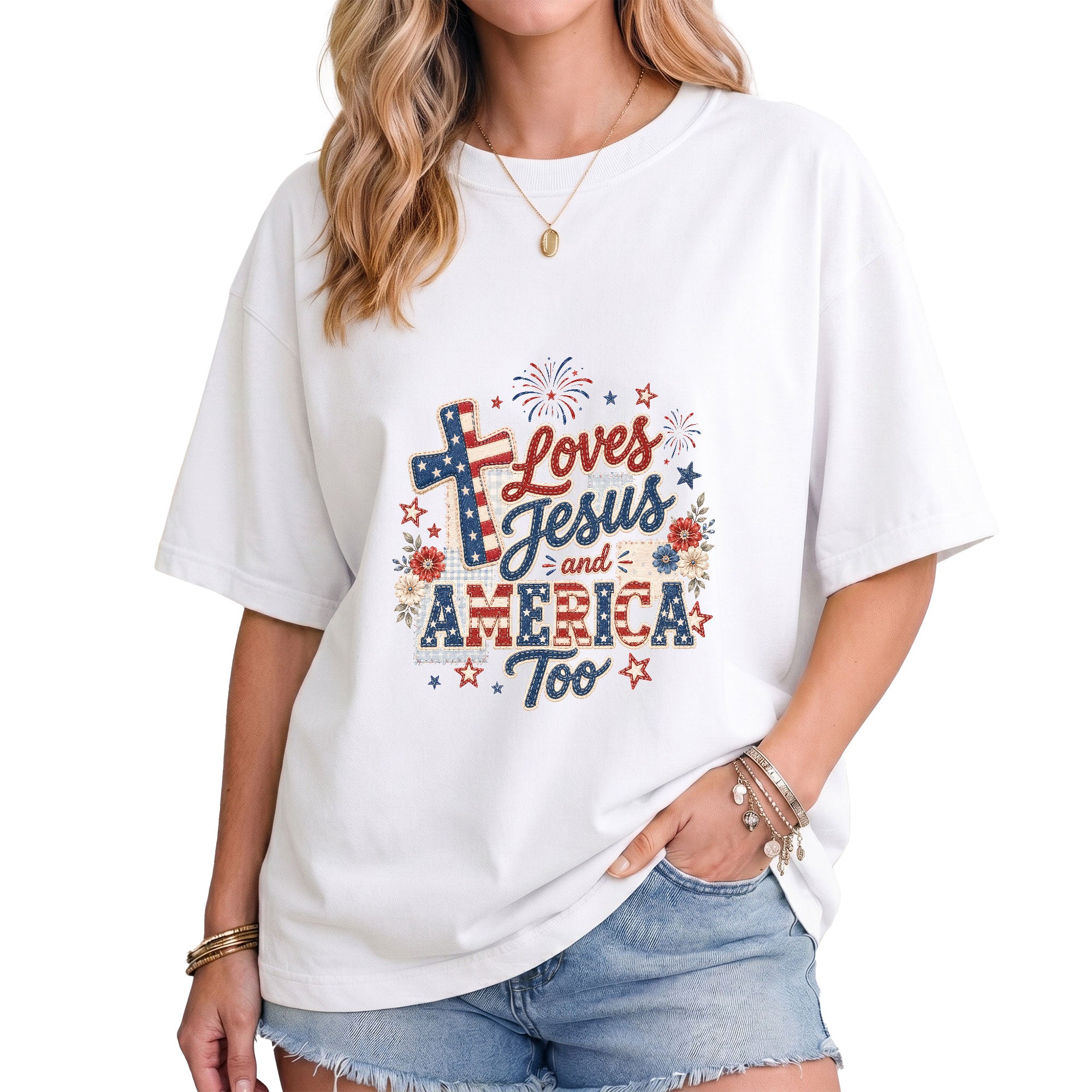 Loves Jesus and America Too Shirt Christian Cross Graphic Tee Patriotic Faith Western Top