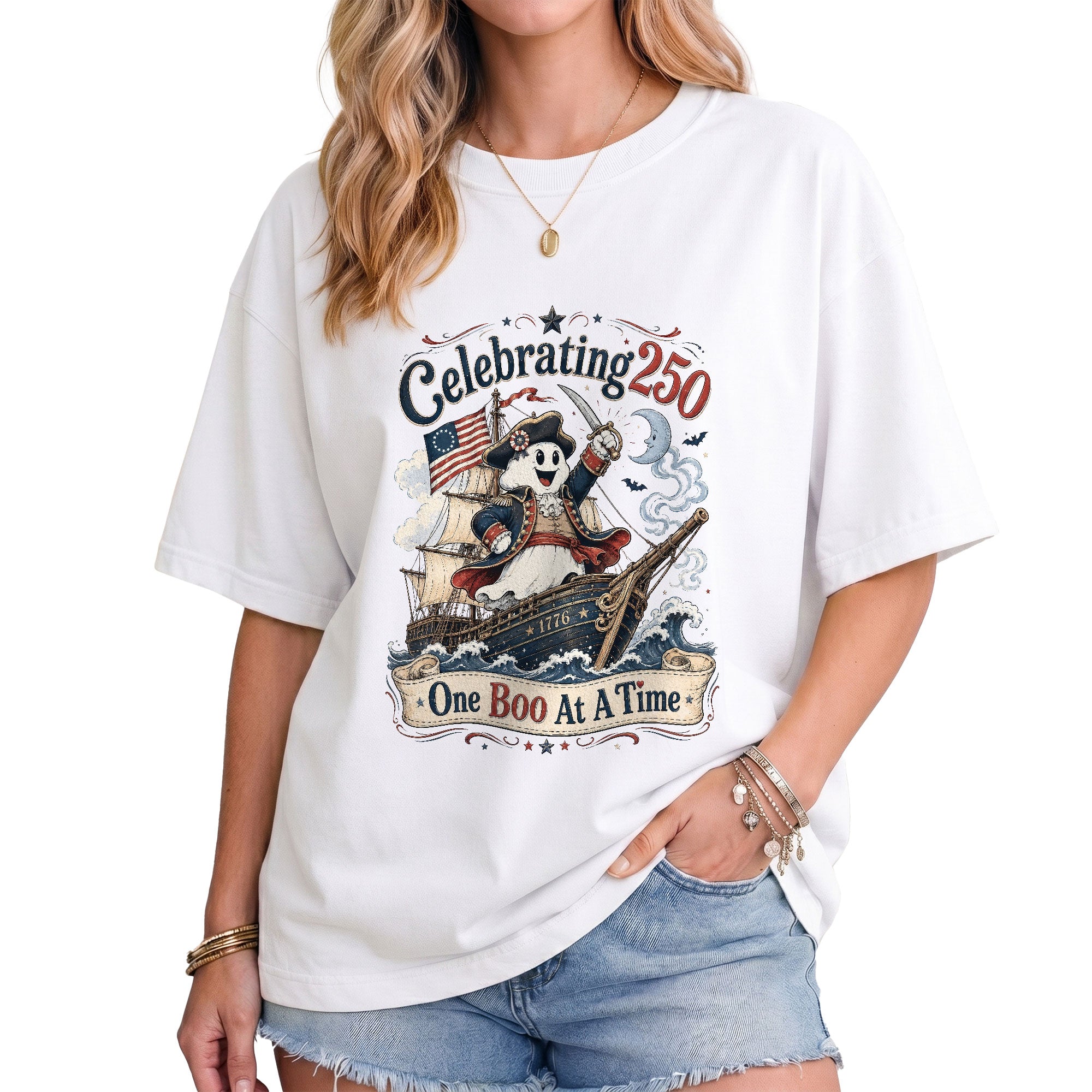 One Boo At A Time Shirt Celebrating 250 Ghost Captain Ship Patriotic Halloween Tee