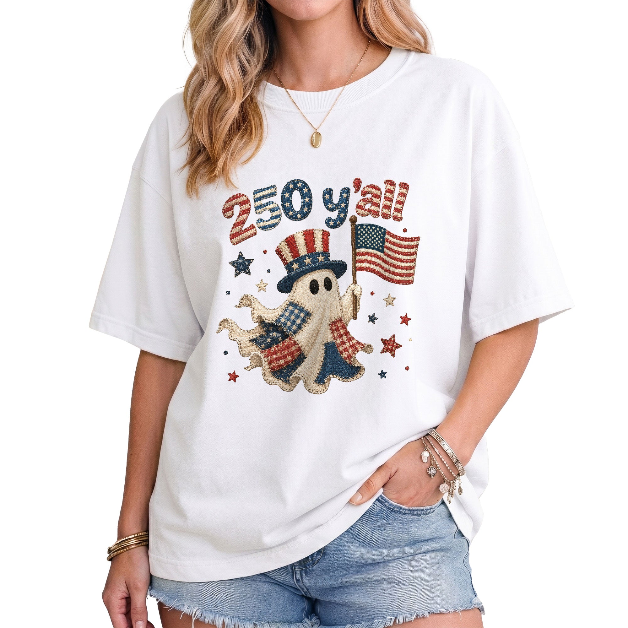 250 Y'all Shirt Patriotic Halloween Ghost Uncle Sam Hat American Flag Graphic Tee