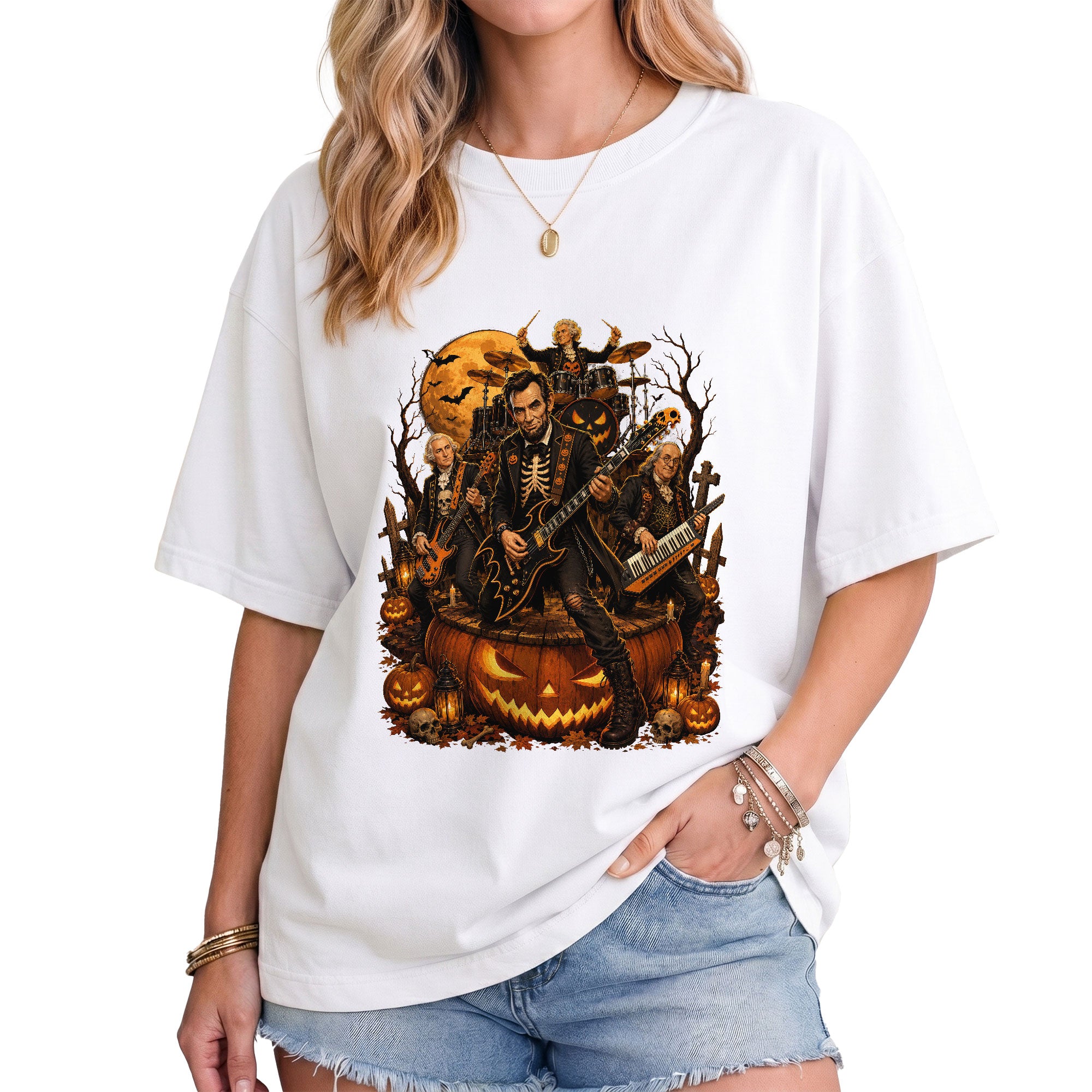 Lincoln Playing Guitar Halloween Shirt Giant Jack O Lantern Stage Skeleton Rock Band Tee