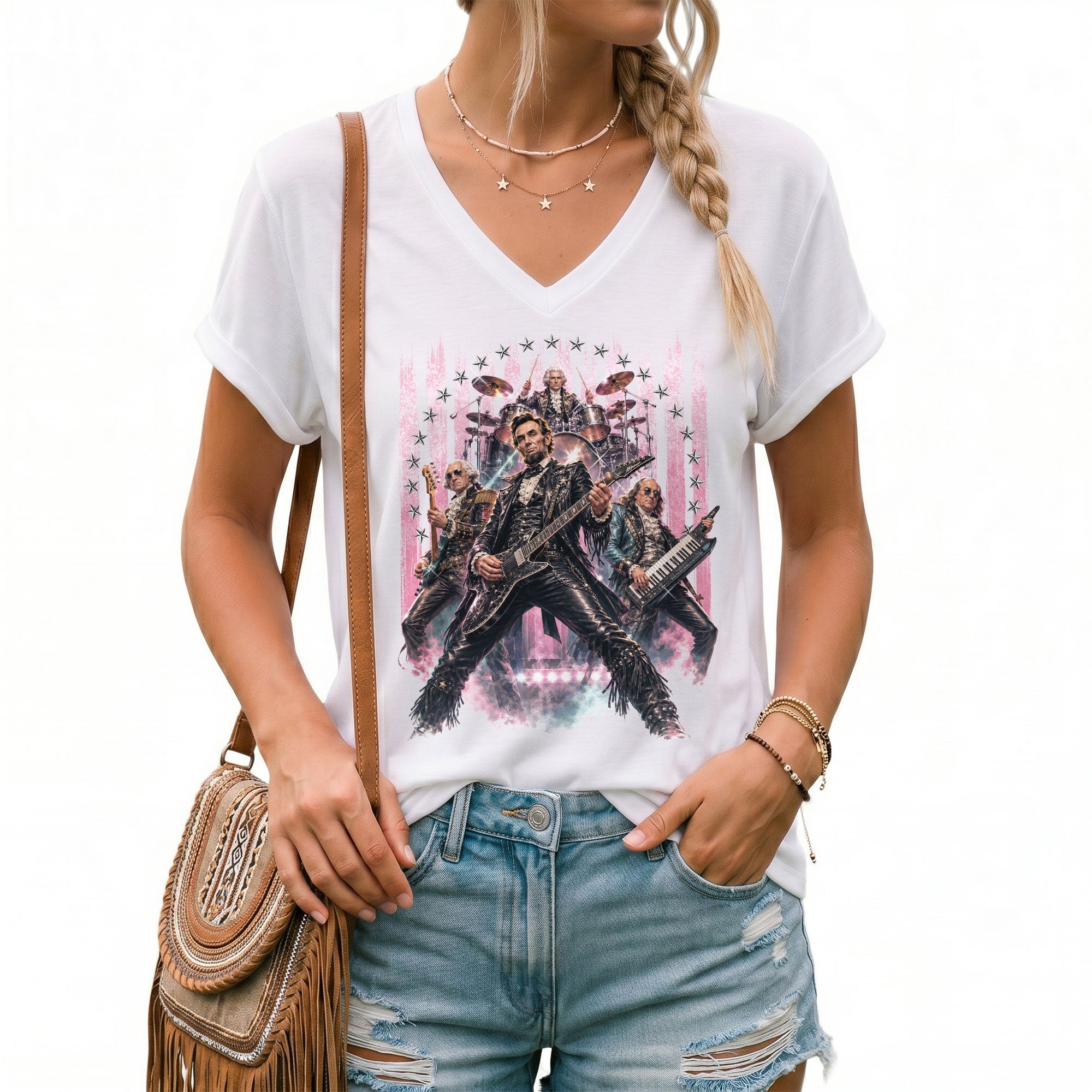 Vintage Presidential Band V-Neck Graphic Shirt Pink Patriotic Women's Apparel Top
