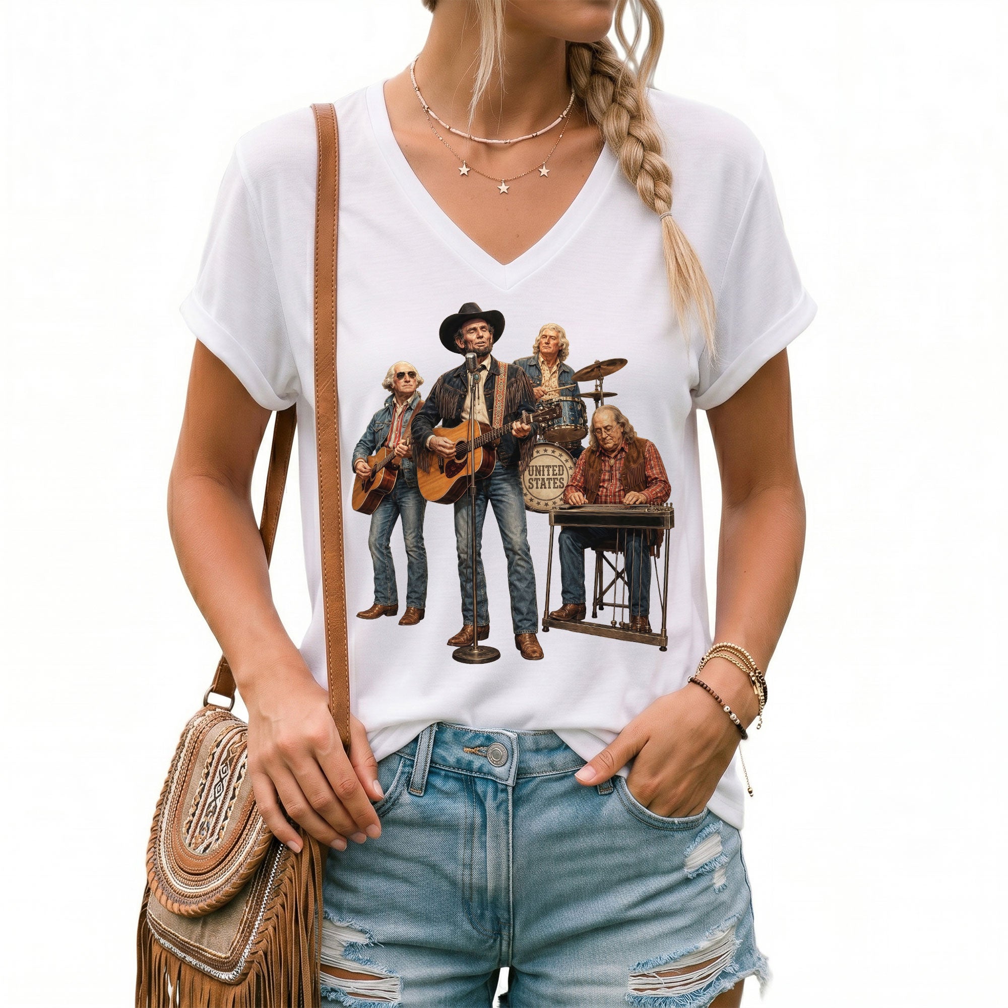 Presidential Country Music Band V-Neck Graphic Shirt Patriotic Women's Apparel Top