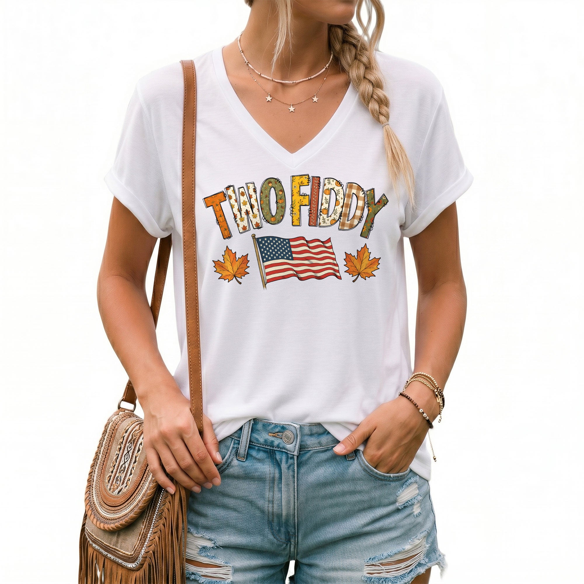Two Fiddy Fall Flag Graphic V-Neck T-Shirt Patriotic Autumn Women's Casual Fashion Top