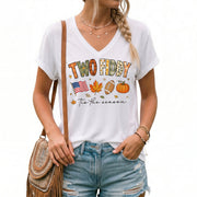 Two Fiddy Patriotic Fall Graphic V-Neck Shirt Seasonal USA Flag Women's Casual Wear