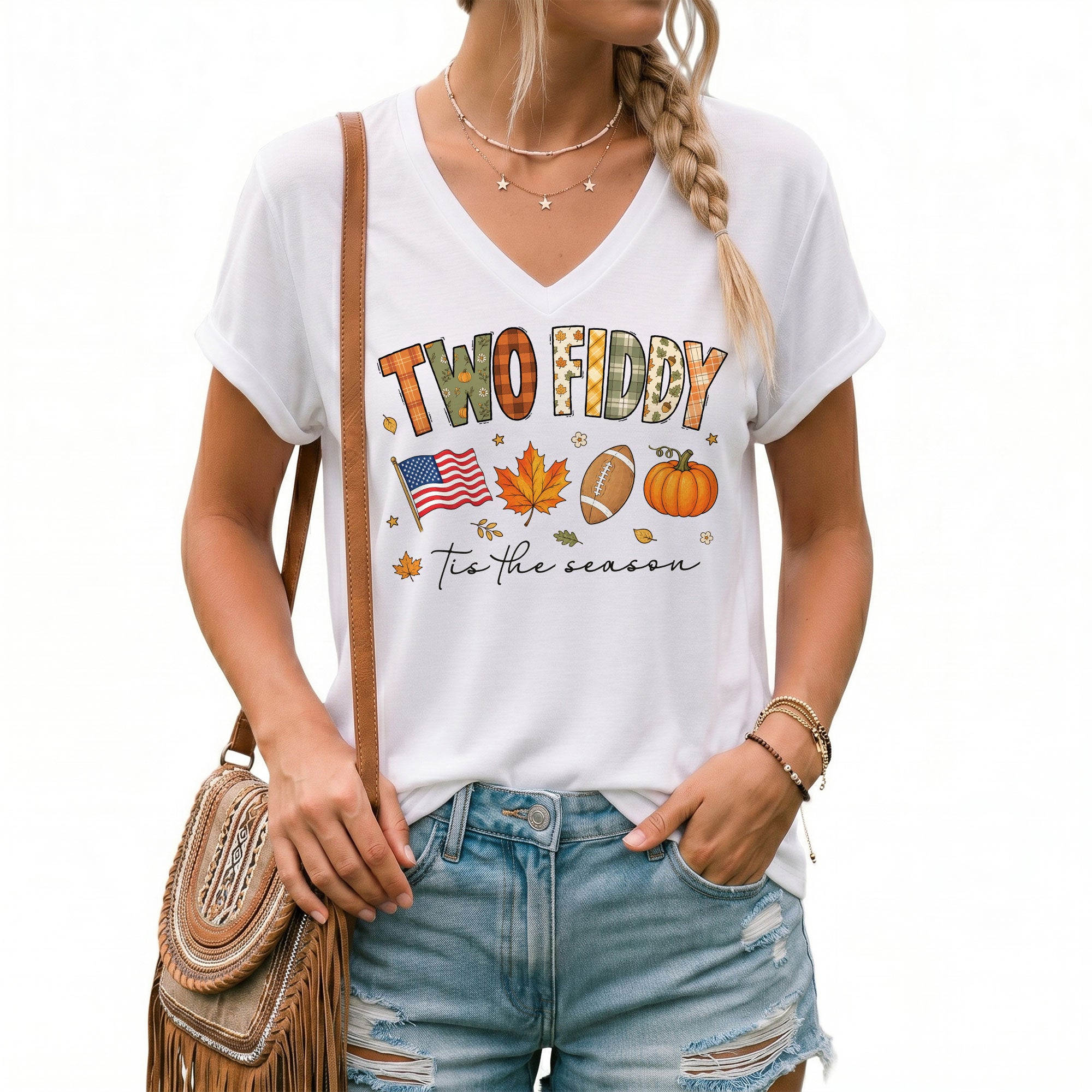 Two Fiddy Patriotic Fall Graphic V-Neck Shirt Seasonal USA Flag Women's Casual Wear