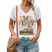 Two Fiddy Fall Vibes V-Neck Graphic T-Shirt Pumpkin Truck Patriotic Women's Casual Top