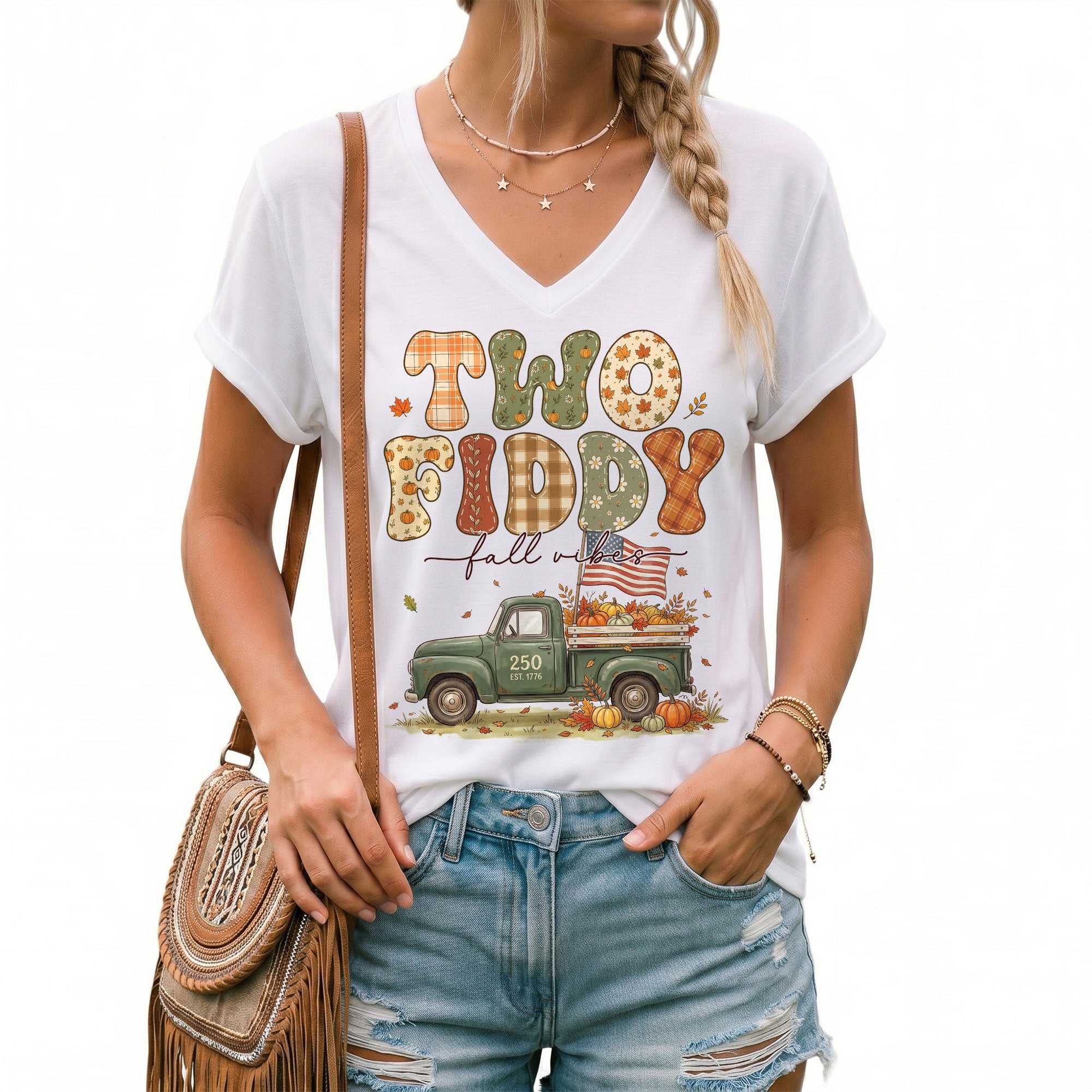 Two Fiddy Fall Vibes V-Neck Graphic T-Shirt Pumpkin Truck Patriotic Women's Casual Top