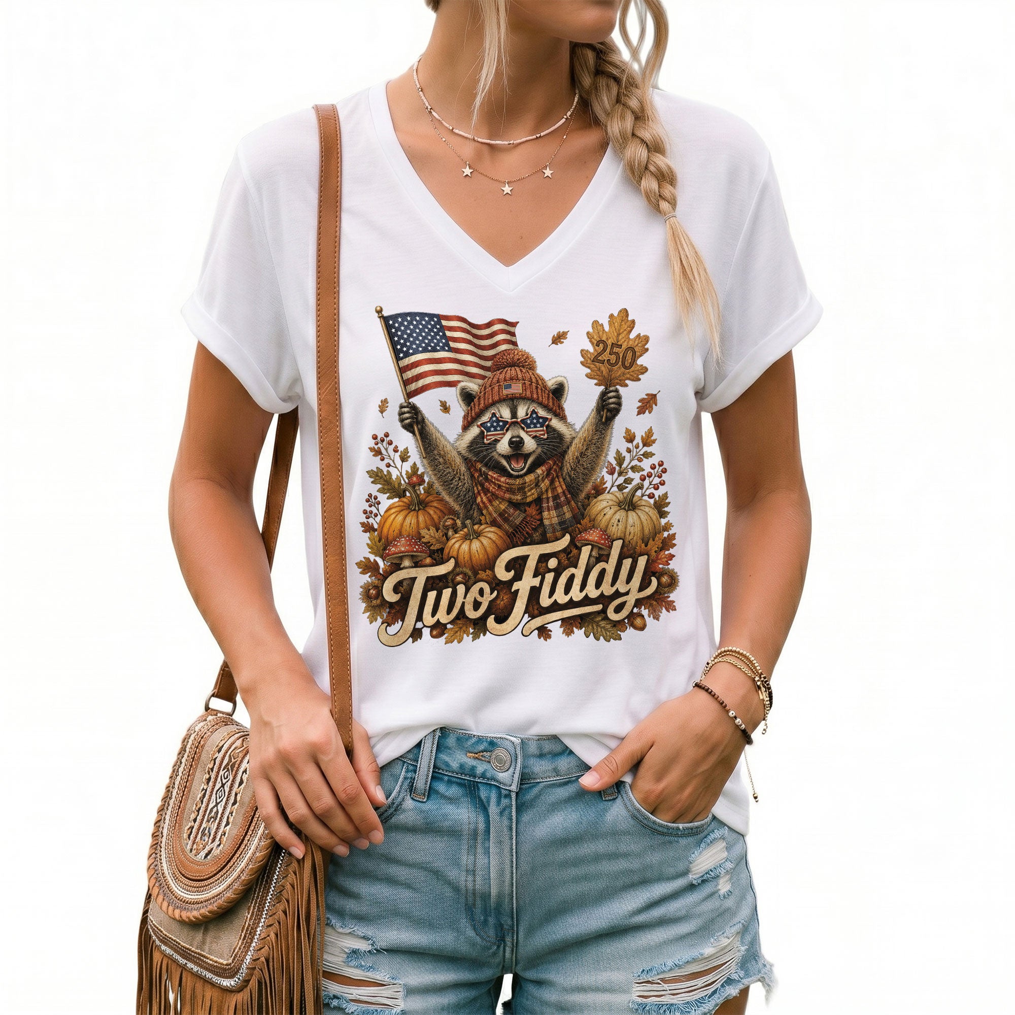 Autumn Seasonal Two Fiddy Graphic V-Neck Tee USA Flag Raccoon Women's Casual Style Shirt