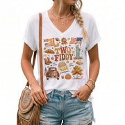 Two Fiddy Patriotic Autumn Graphic V-Neck T-Shirt Seasonal Women's Casual Style Shirt
