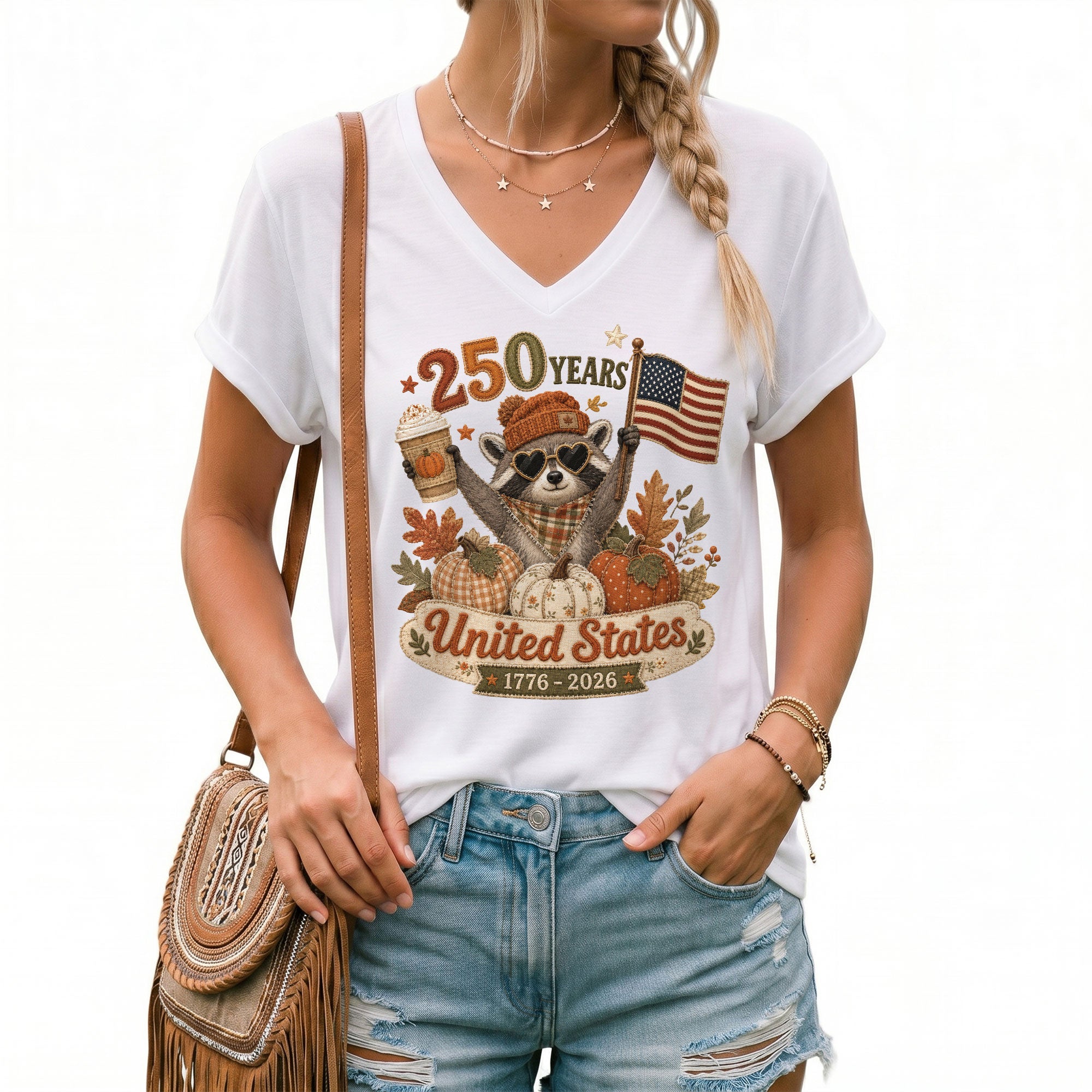 Patriotic Raccoon Fall V-Neck Shirt Women Cute United States Flag Pumpkin Autumn Tee