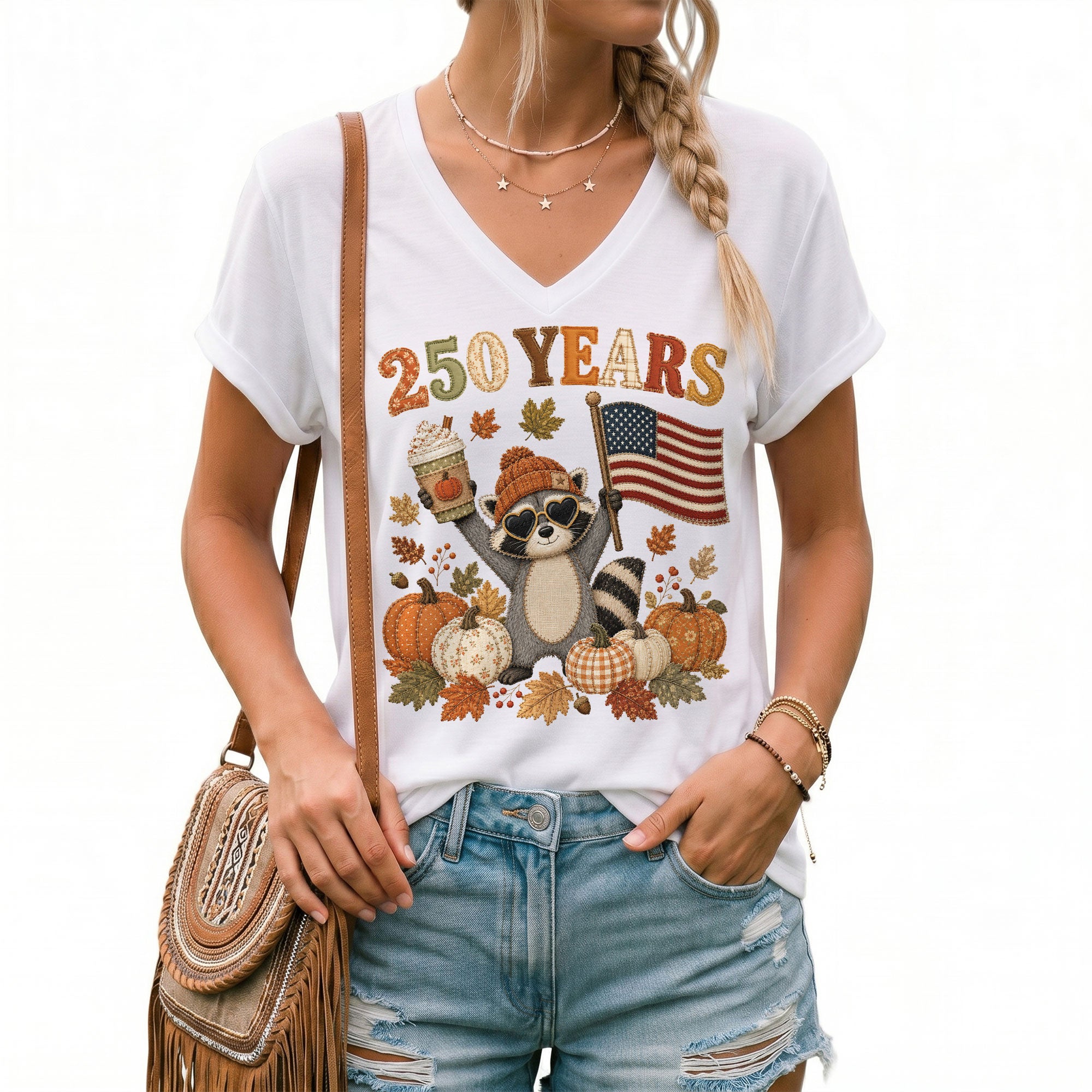 Cute Raccoon Fall V-Neck Shirt Women Pumpkin Spice Latte Patriotic American Flag Tee