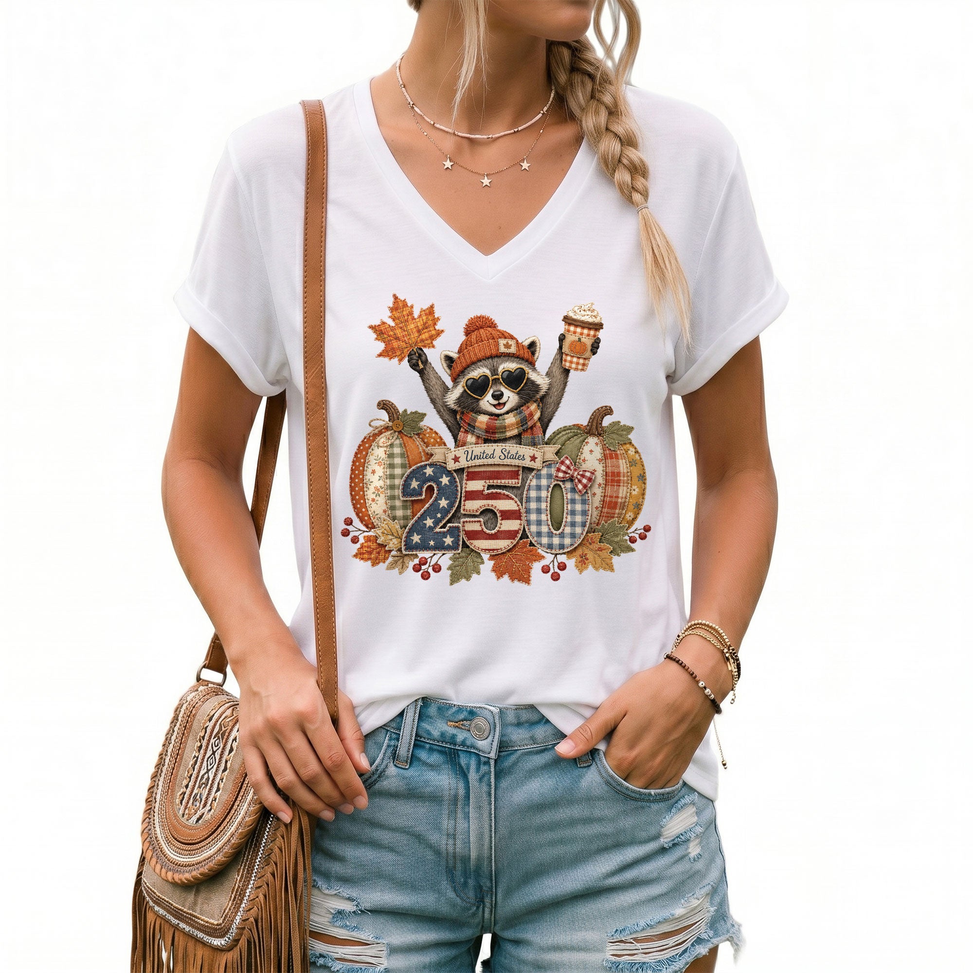 Patriotic Raccoon Fall V-Neck Shirt Women Cute Country Pumpkin Autumn Flag Graphic Tee