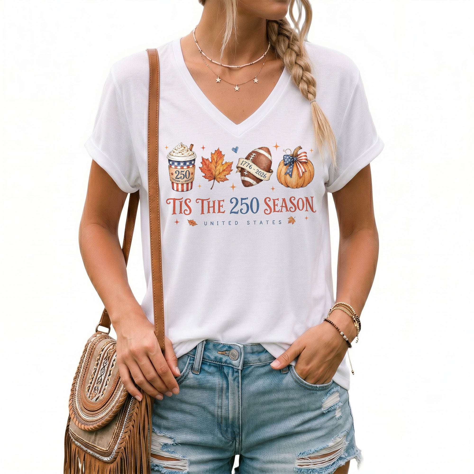 Patriotic Fall Football V-Neck Shirt Women Spooky Pumpkin Spice Latte United States Tee